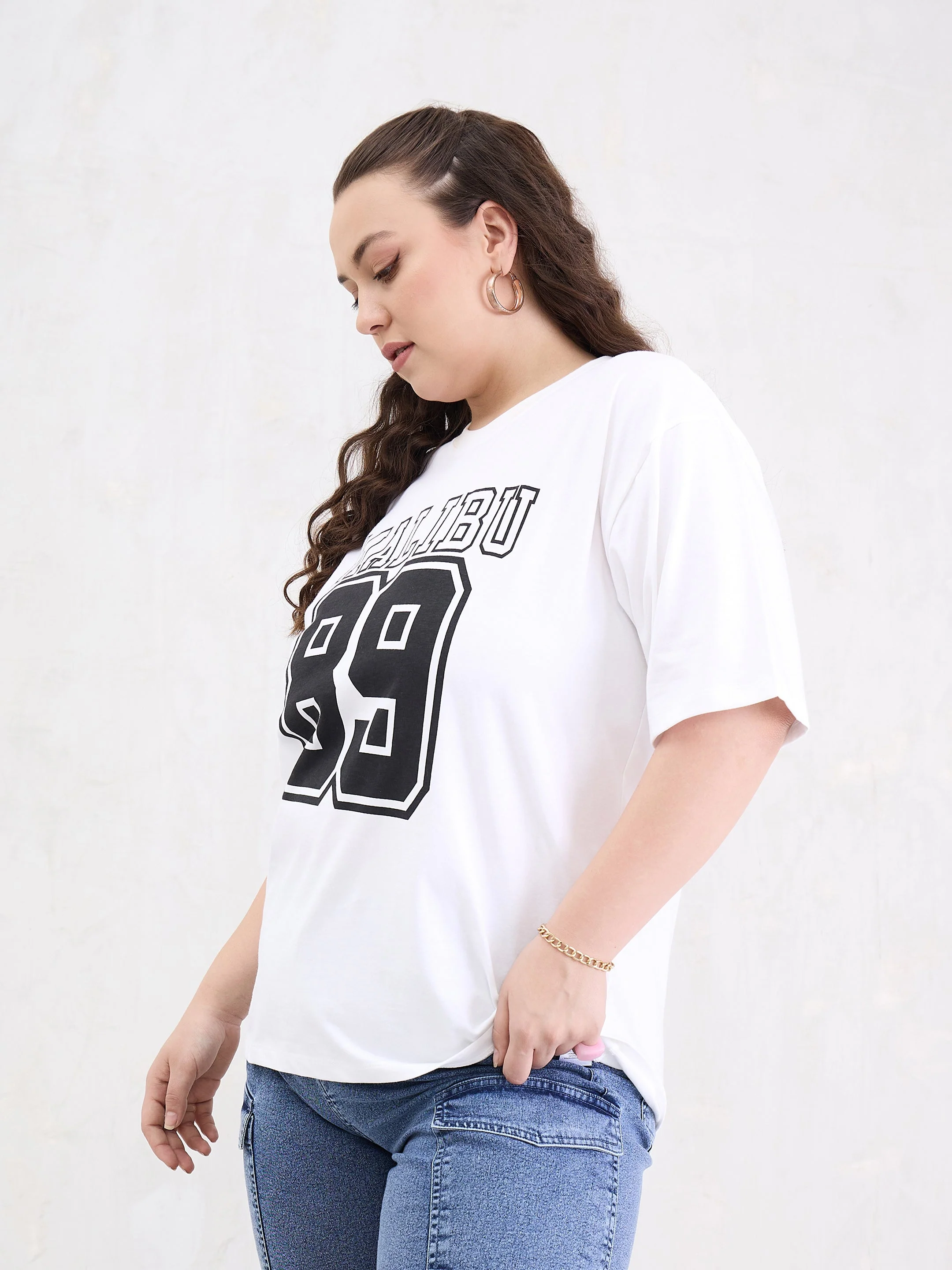 Women White Graphic MILEBU 89 Print T-Shirt - Image 3