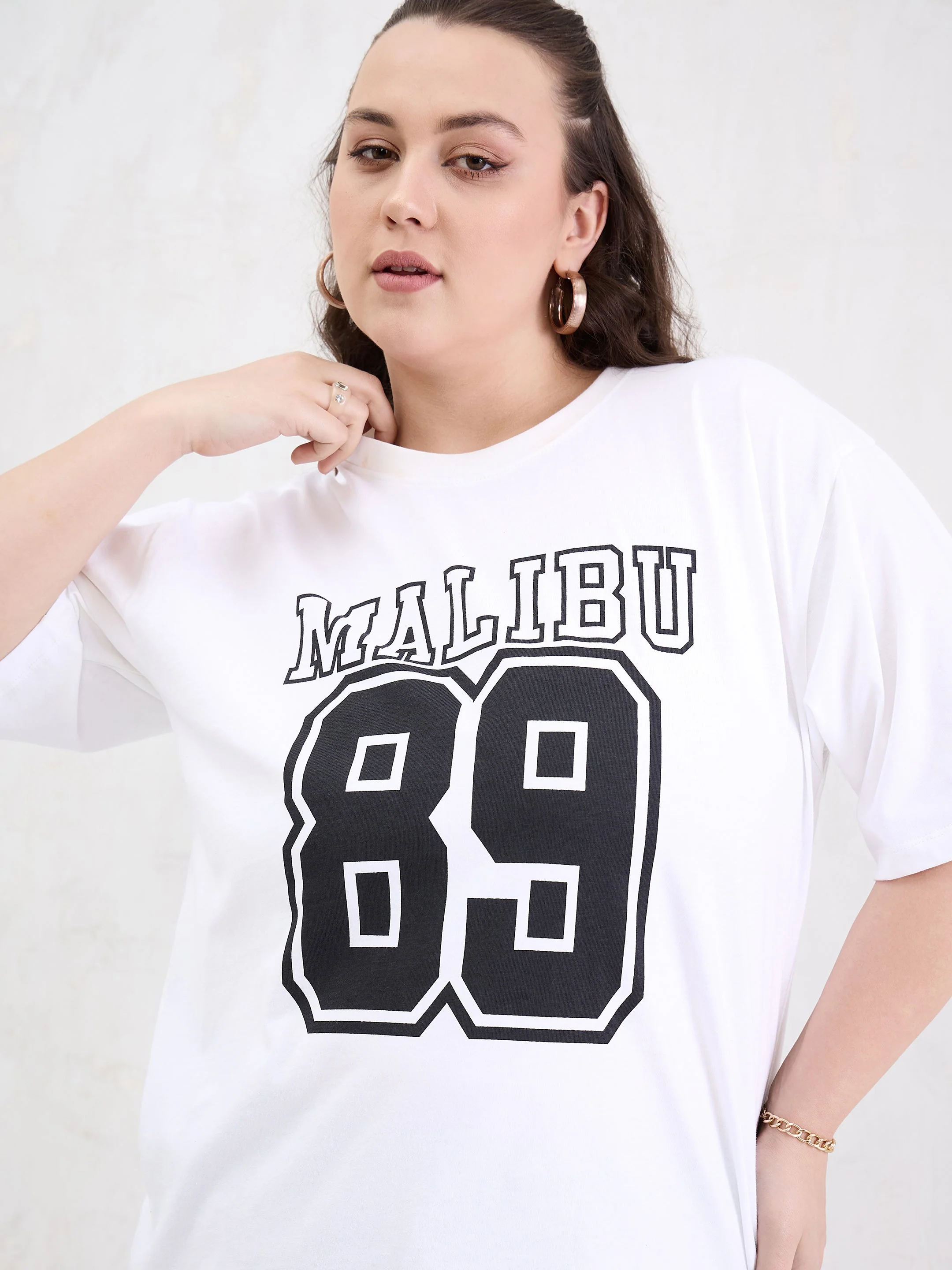 Women White Graphic MILEBU 89 Print T-Shirt - Image 4