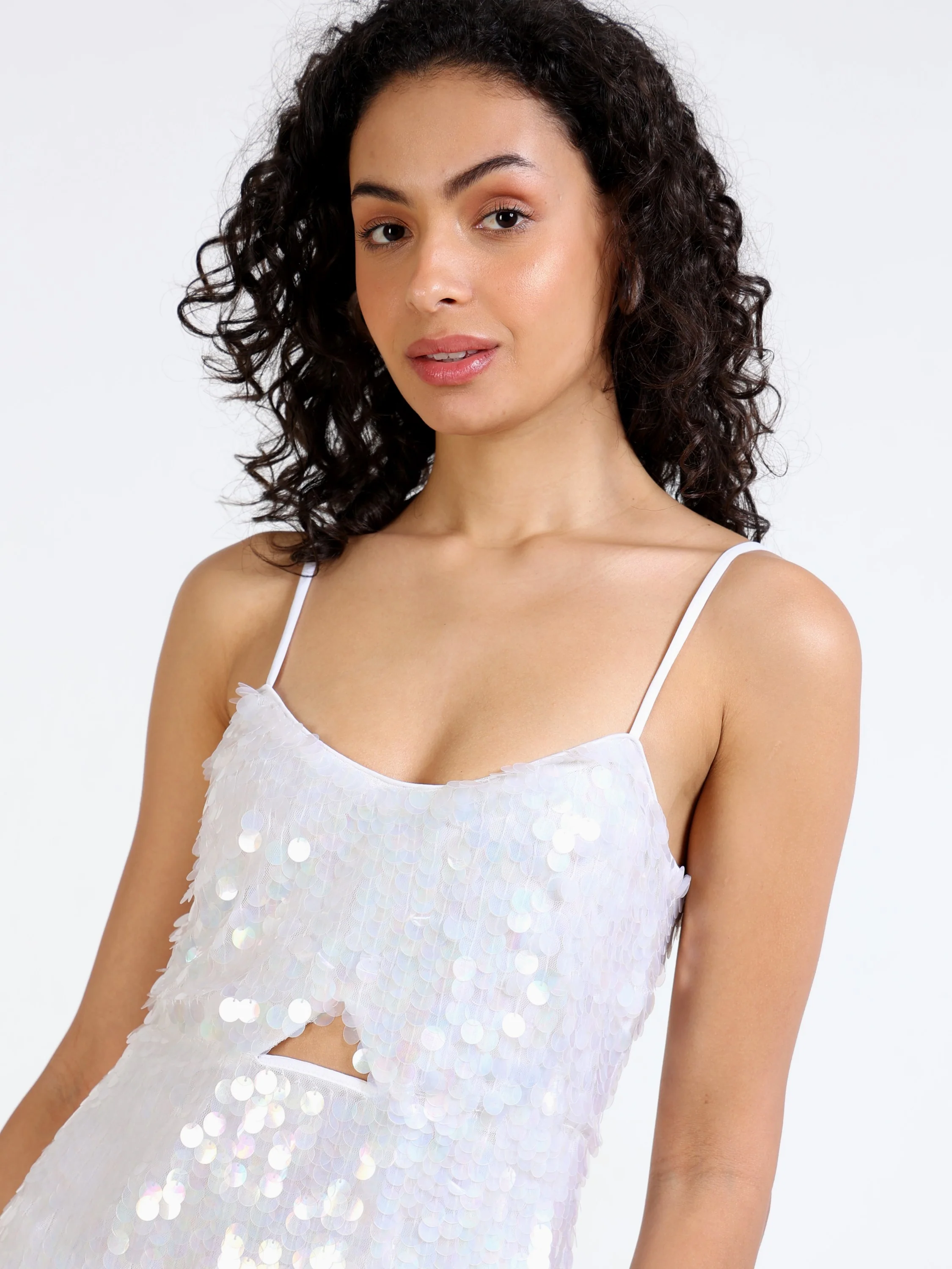 Women White Green Sequin Dress - Image 5
