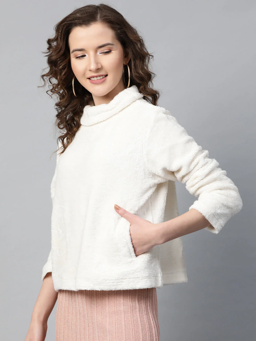 Women White High Neck Faux Fur Sweatshirt - Image 2
