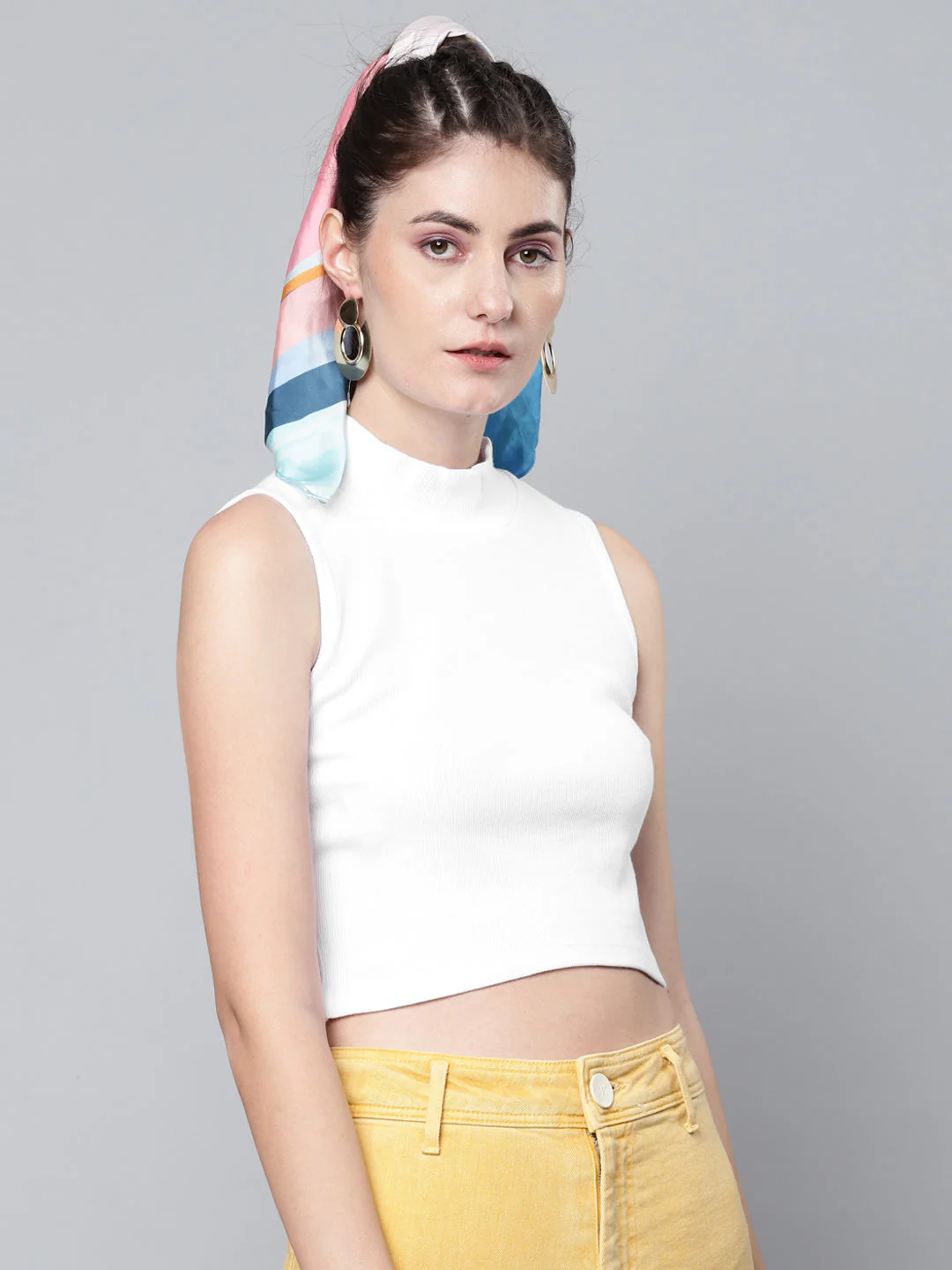 Women White High Neck Sleeveless Rib Crop Top - Image 2
