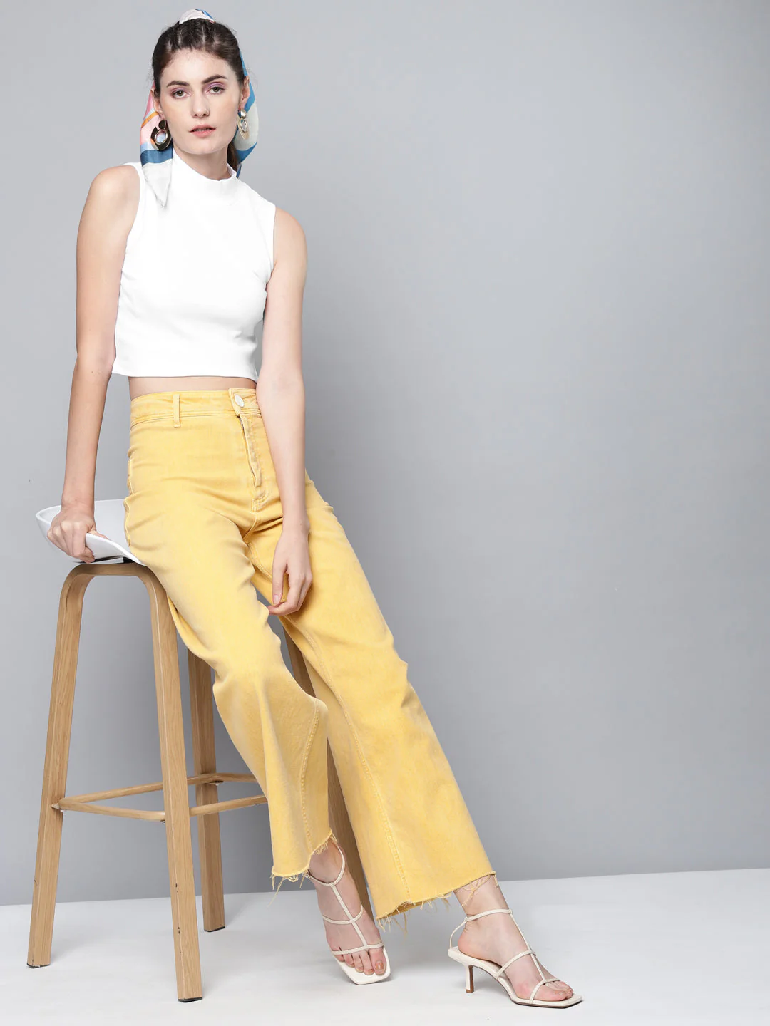 Women White High Neck Sleeveless Rib Crop Top - Image 3
