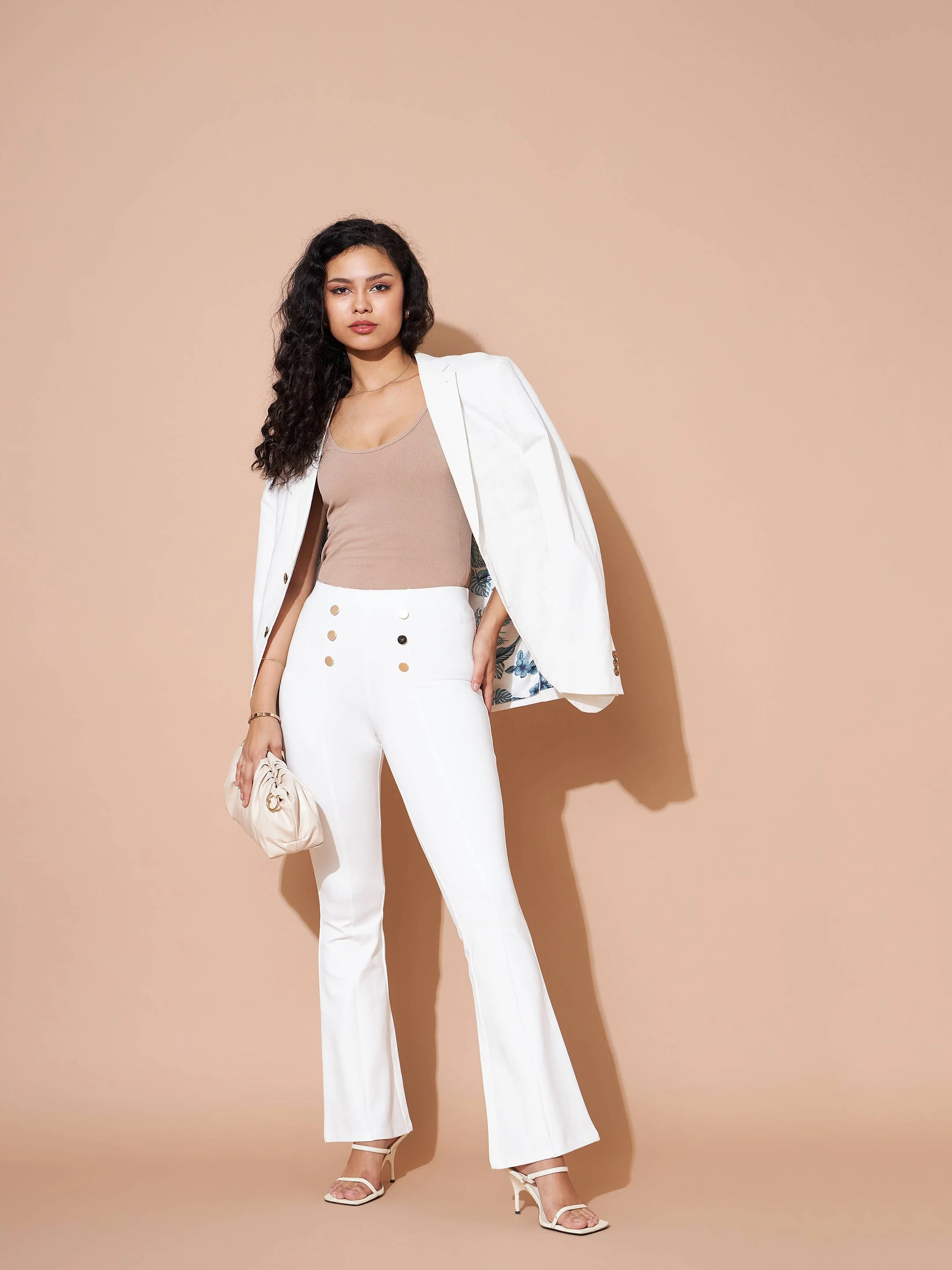 Women White High Waist Gold Show Buttons Pants - Image 6