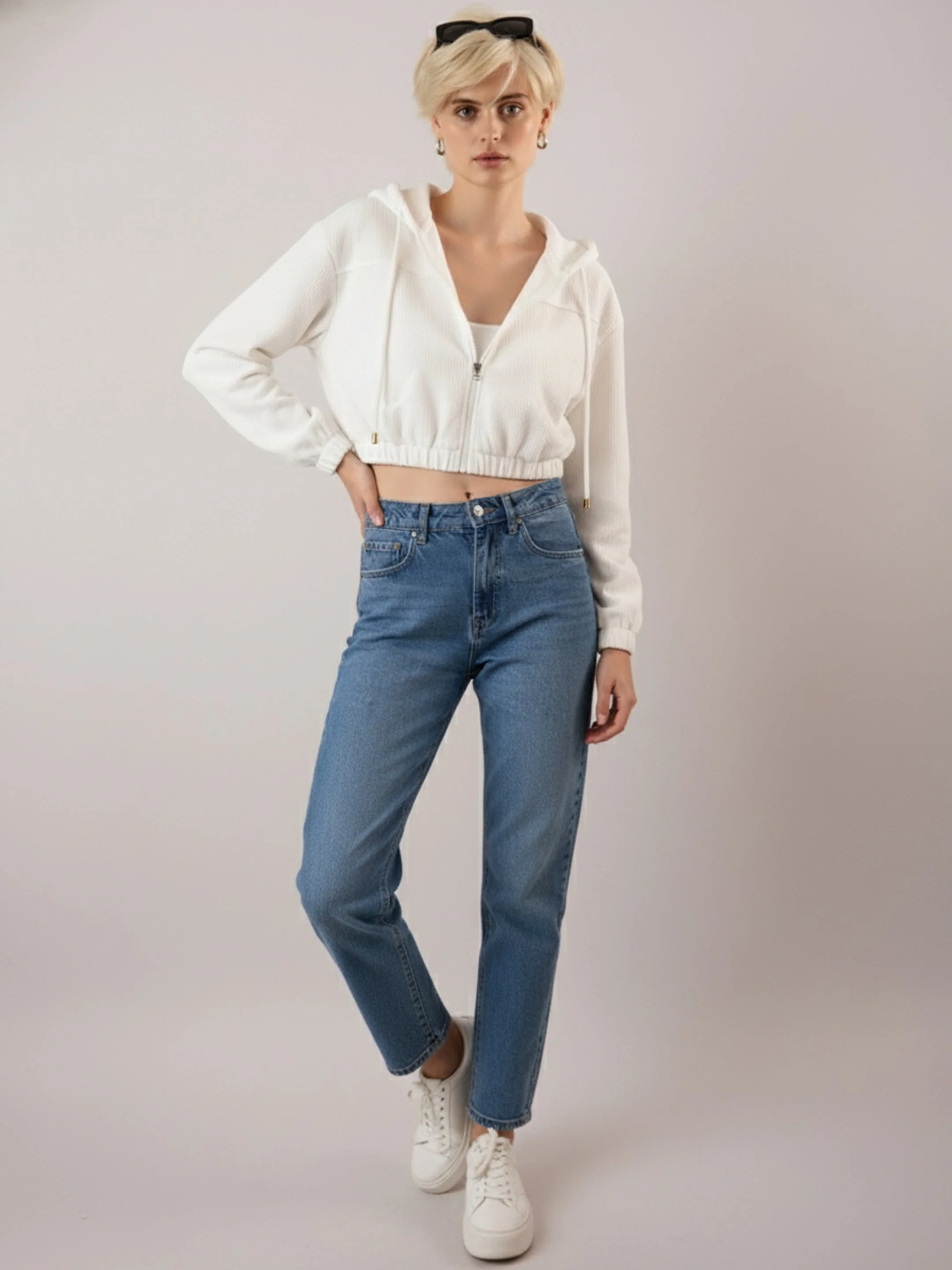 Women White Hooded Boxy Corduroy Crop Jacket - Image 2