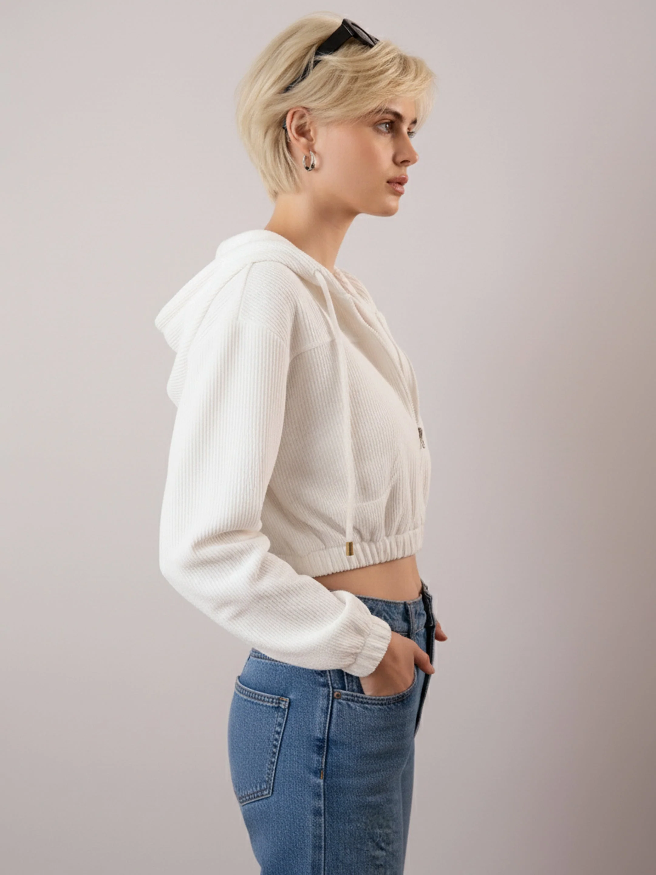 Women White Hooded Boxy Corduroy Crop Jacket - Image 3