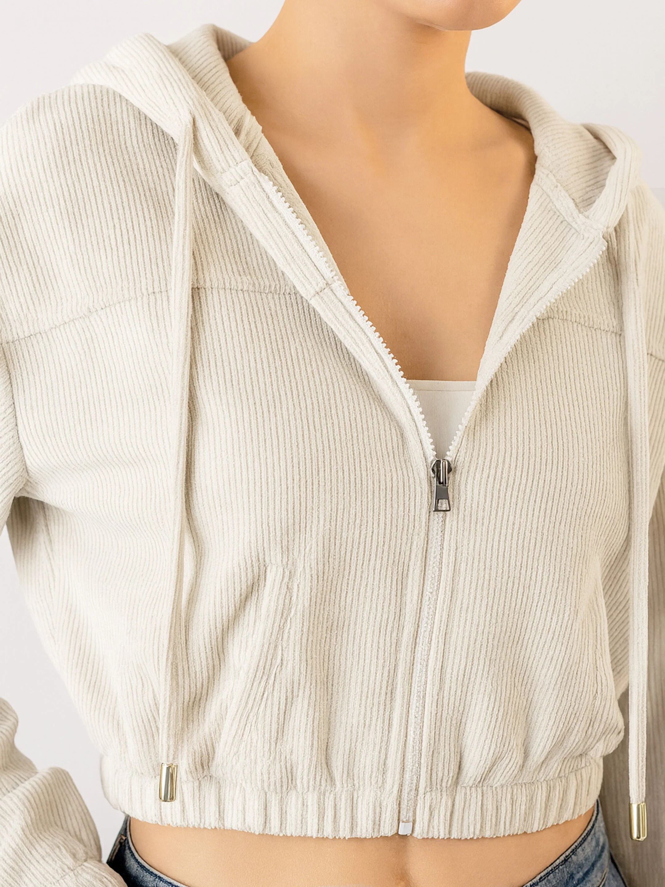 Women White Hooded Boxy Corduroy Crop Jacket - Image 4