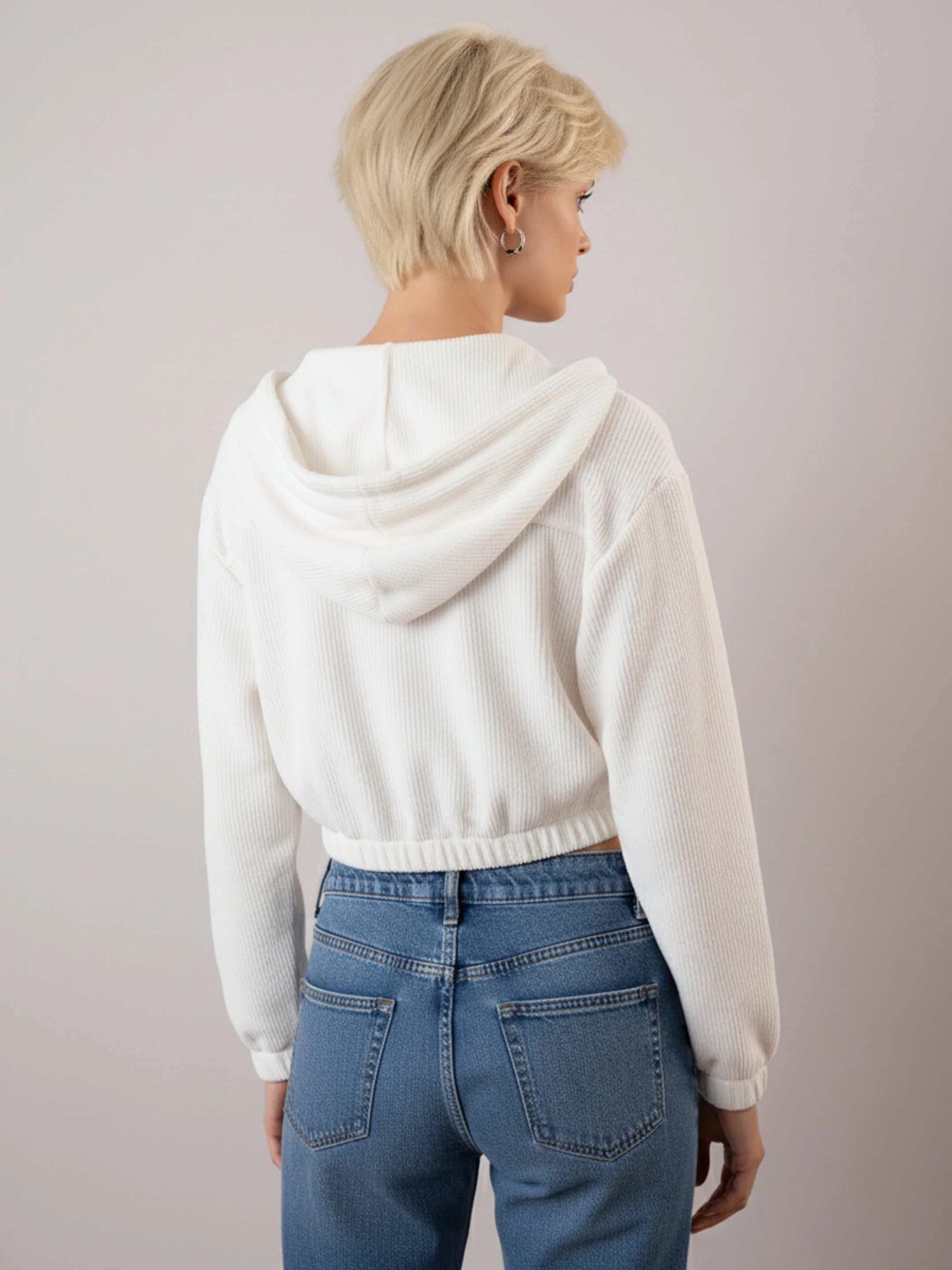 Women White Hooded Boxy Corduroy Crop Jacket - Image 5