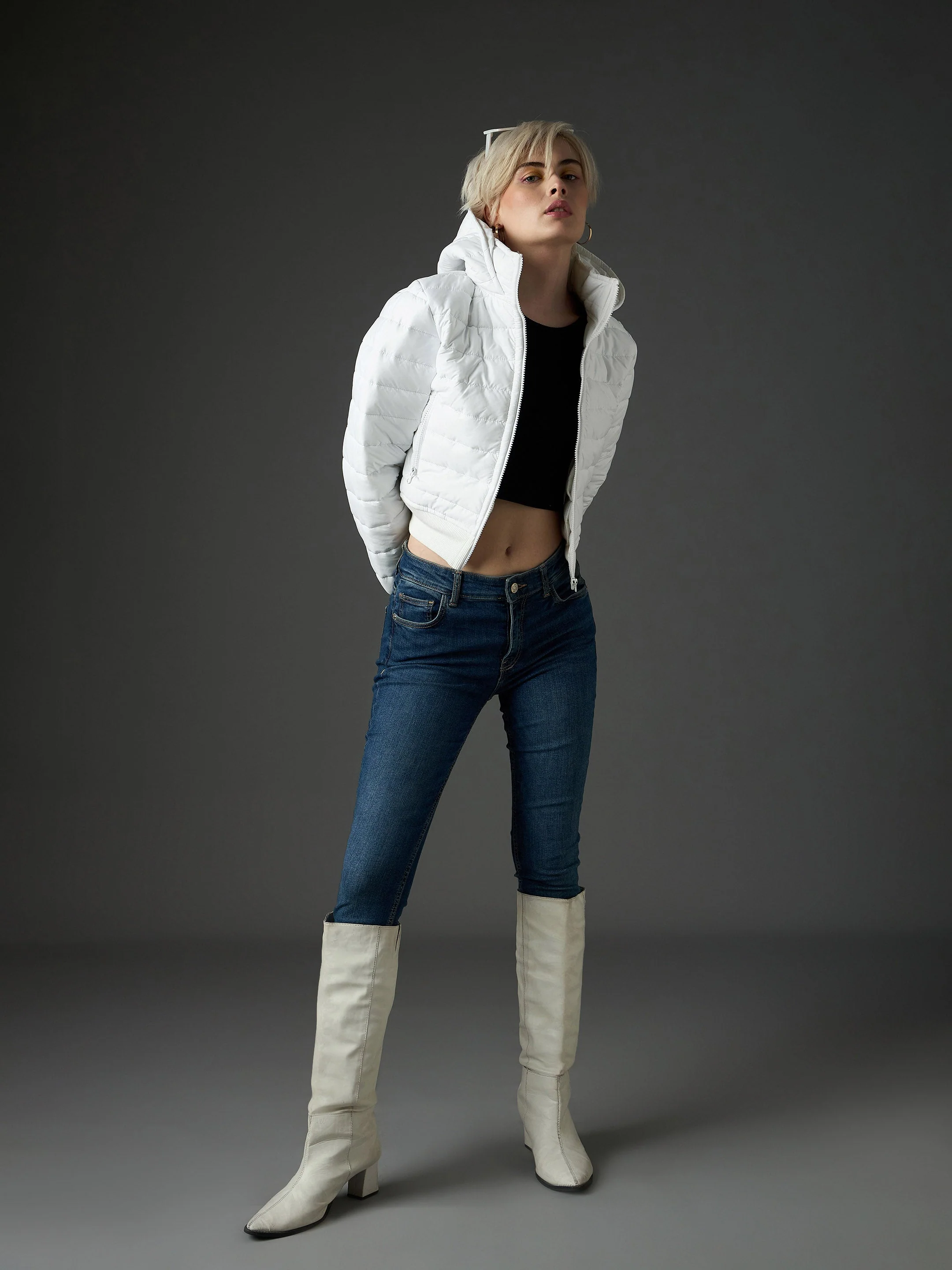 Women White Hooded Crop Bomber Puffer Jacket - Image 2