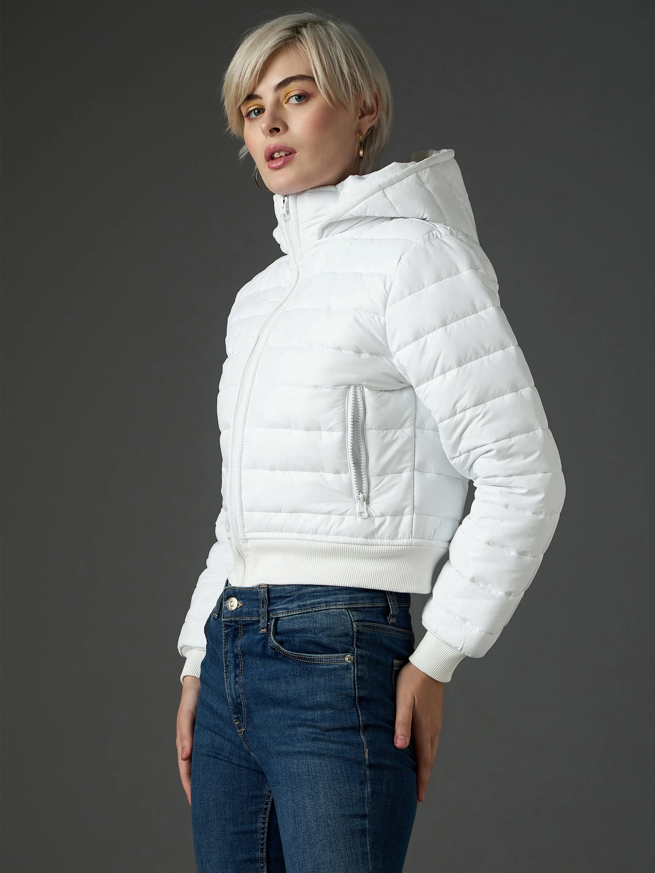 Women White Hooded Crop Bomber Puffer Jacket - Image 3