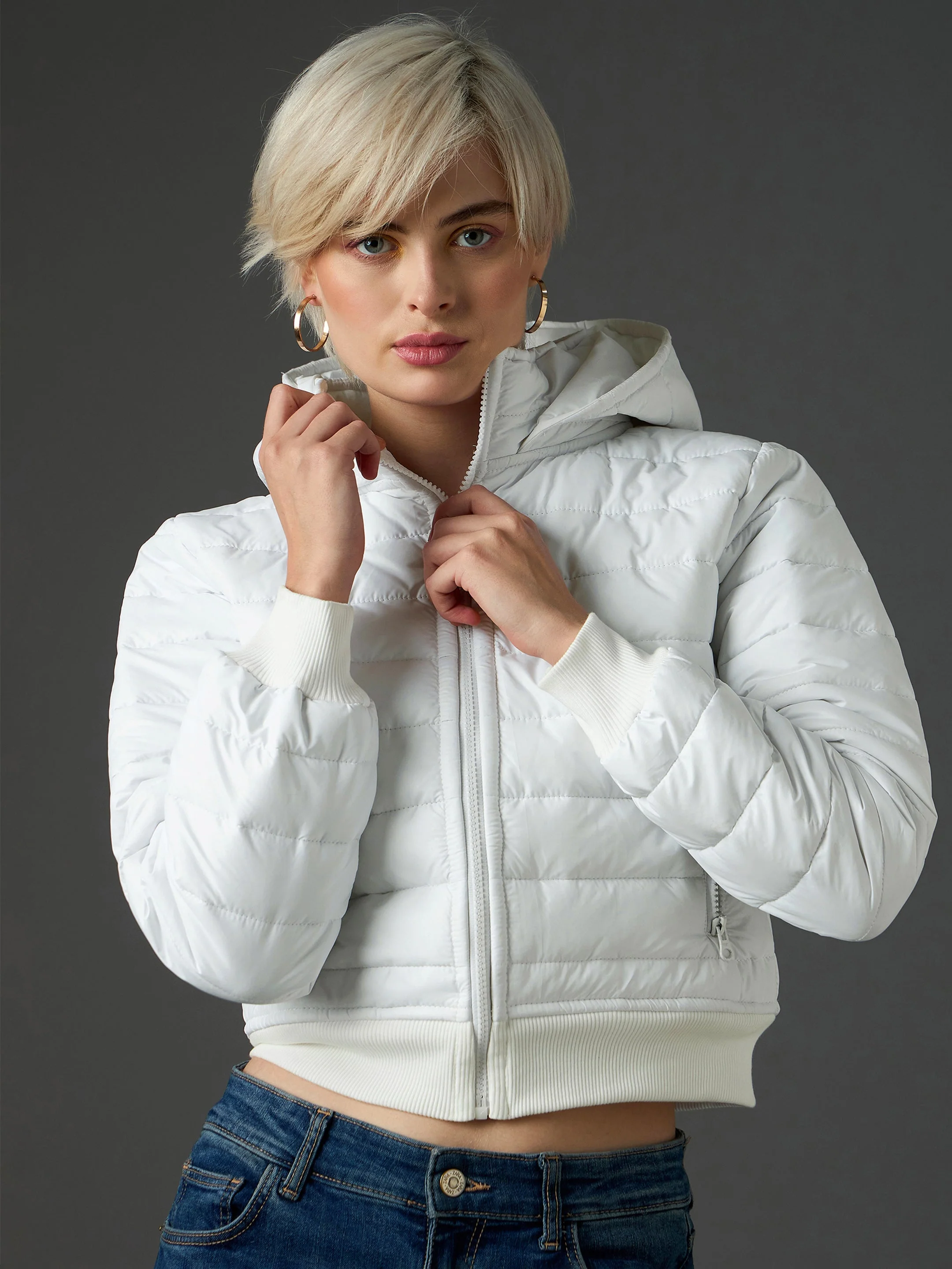 Women White Hooded Crop Bomber Puffer Jacket - Image 4