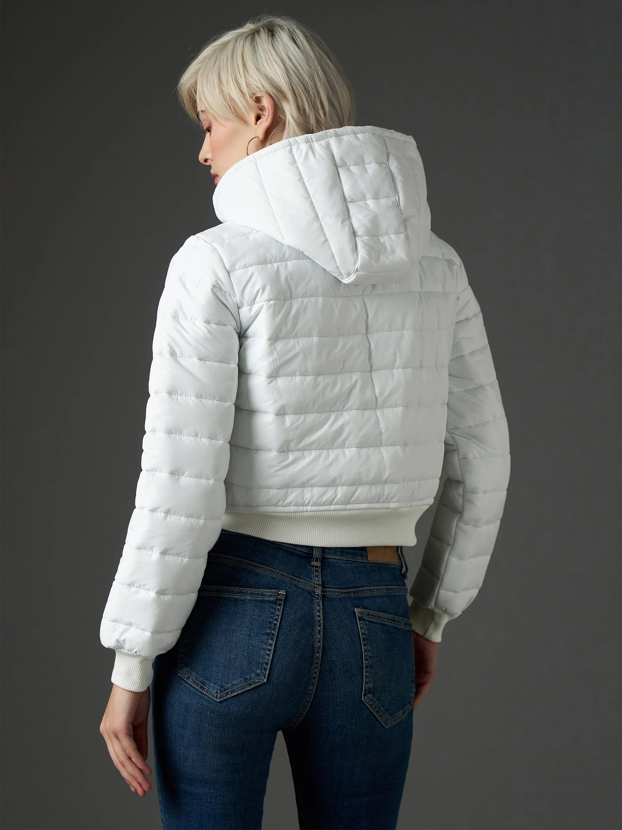 Women White Hooded Crop Bomber Puffer Jacket - Image 5