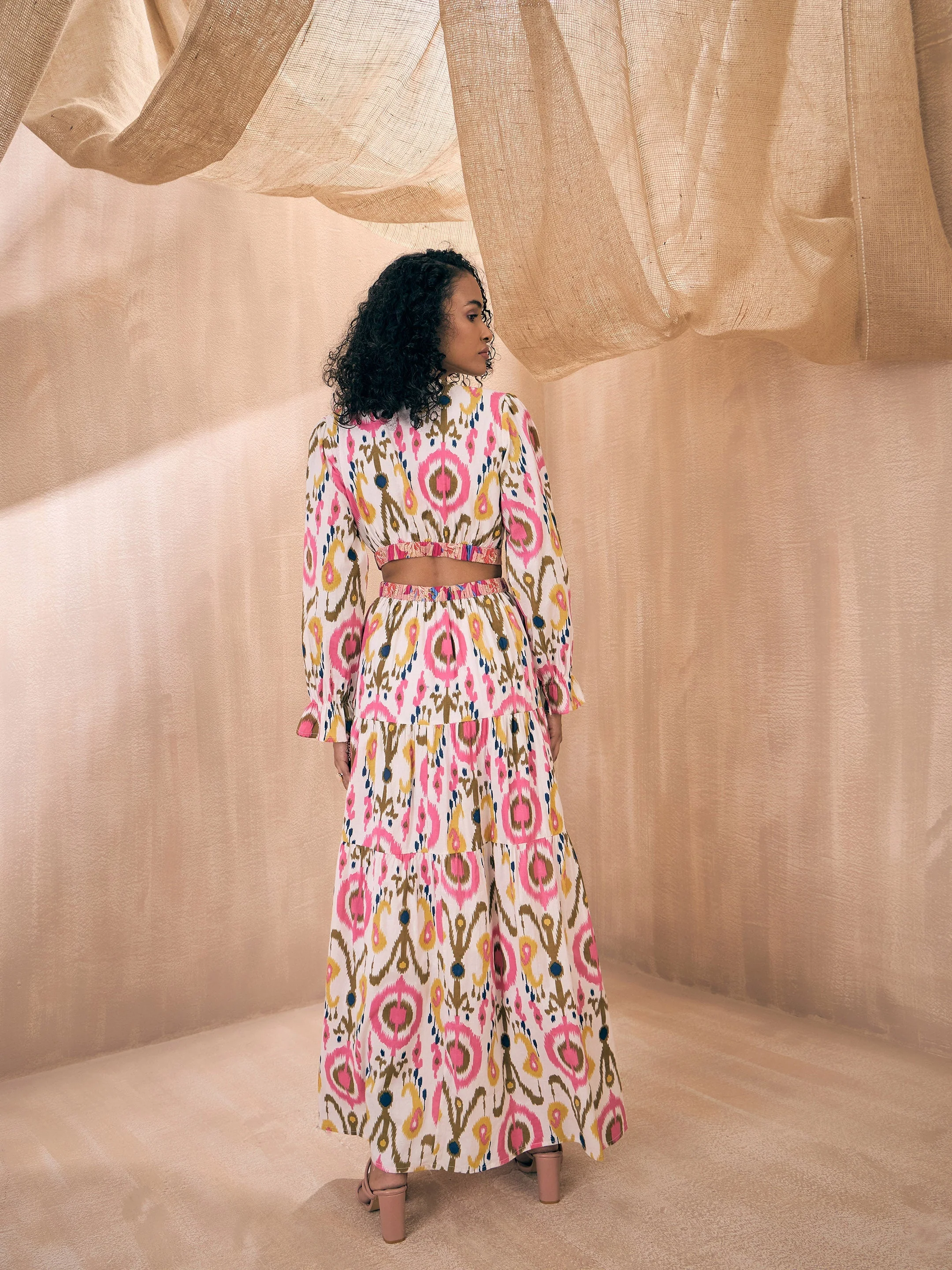 Women White Ikat Printed Waist Cut-Out Maxi - Image 2