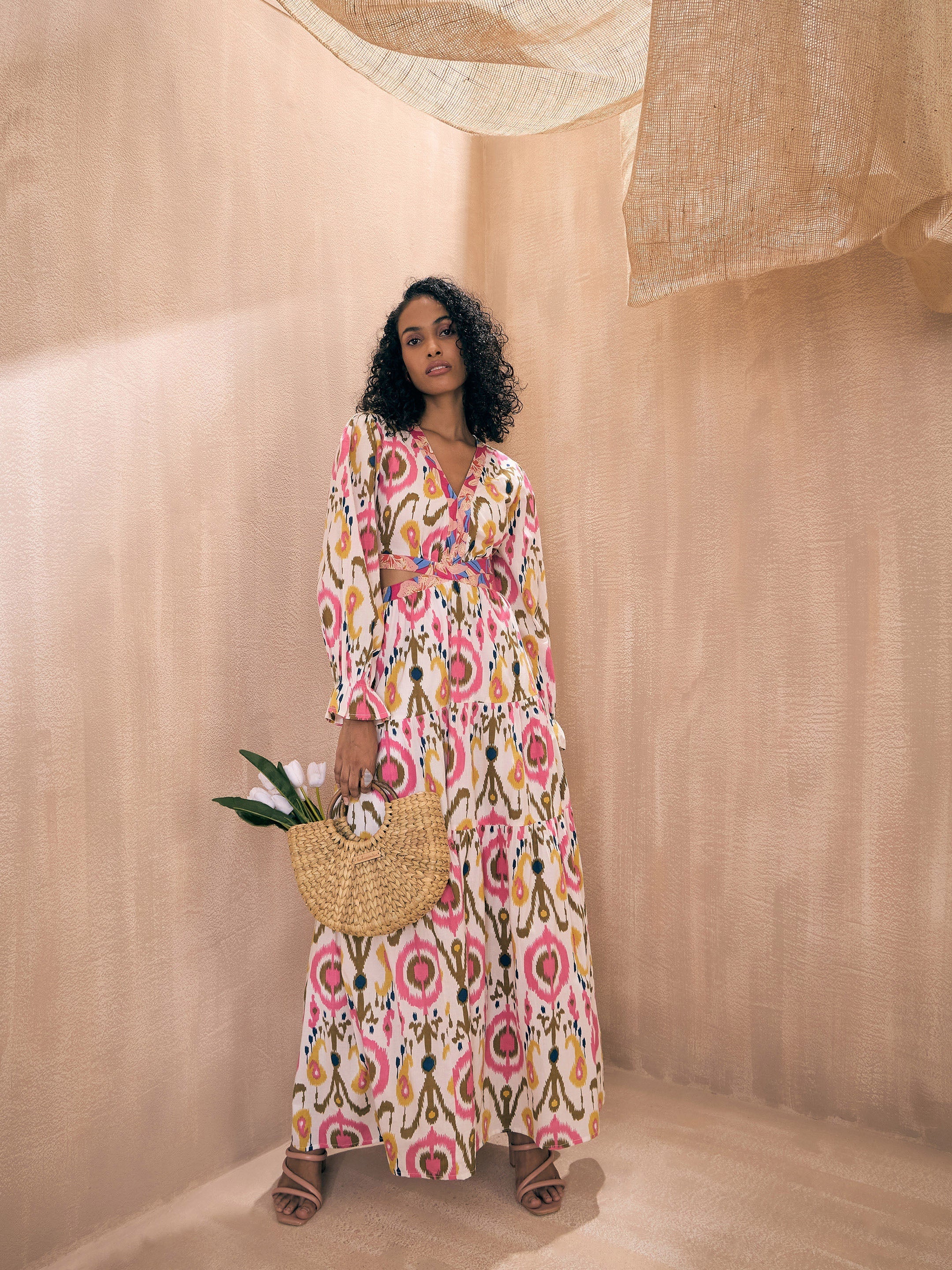 Women White Ikat Printed Waist Cut-Out Maxi - Image 5