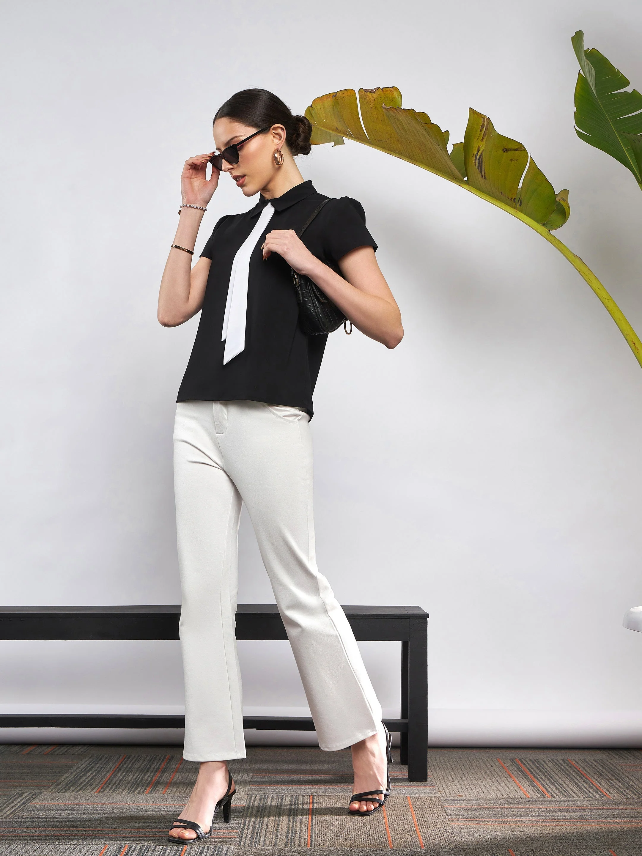 Women White Knit Bell Bottom Pants - Image 2