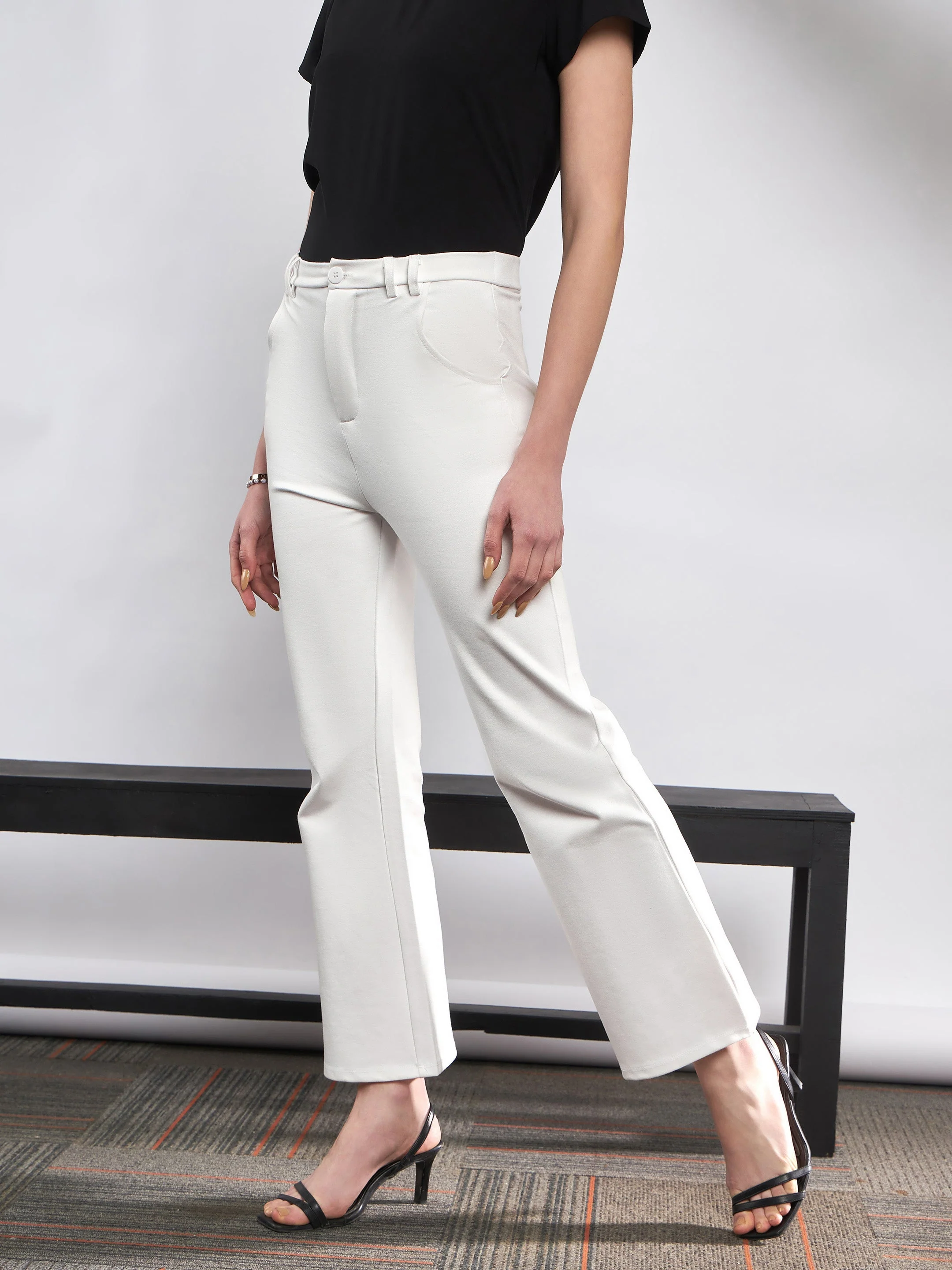 Women White Knit Bell Bottom Pants - Image 5