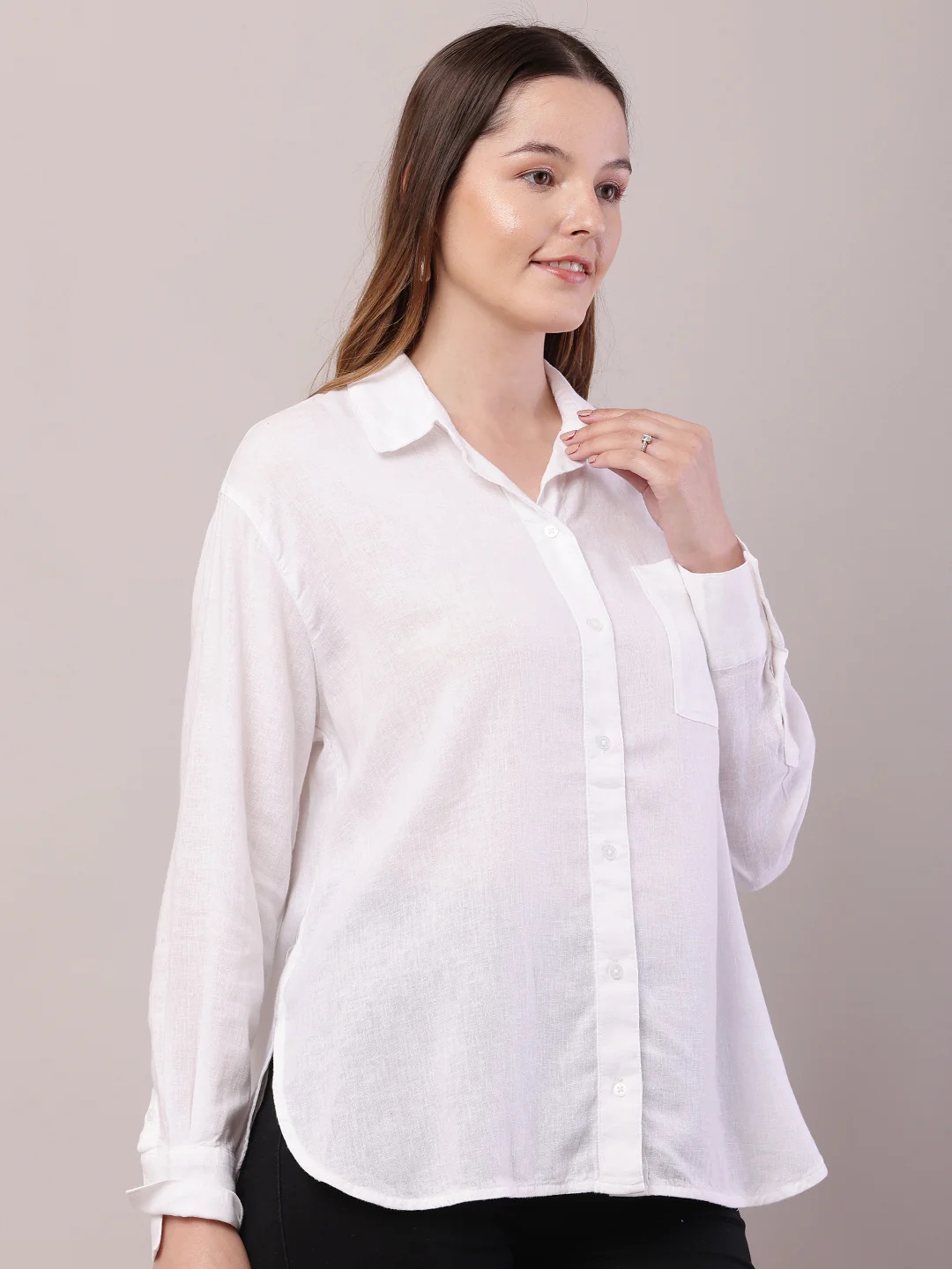 Women White Linen Shirt Collar Full Sleeve Shirt - Image 2