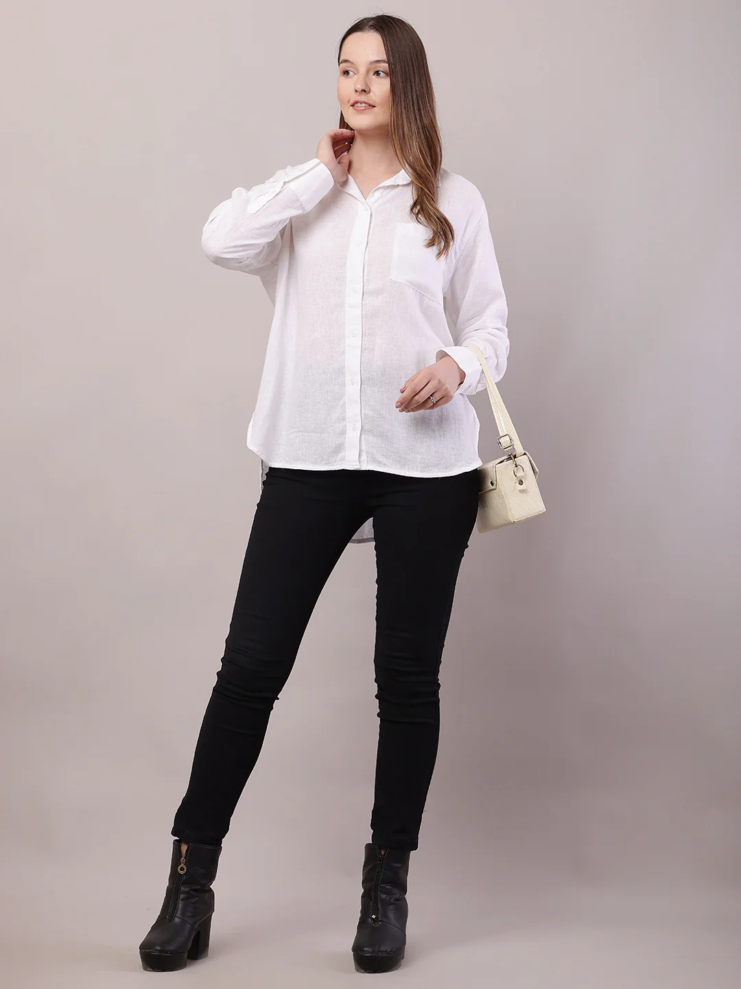 Women White Linen Shirt Collar Full Sleeve Shirt - Image 3