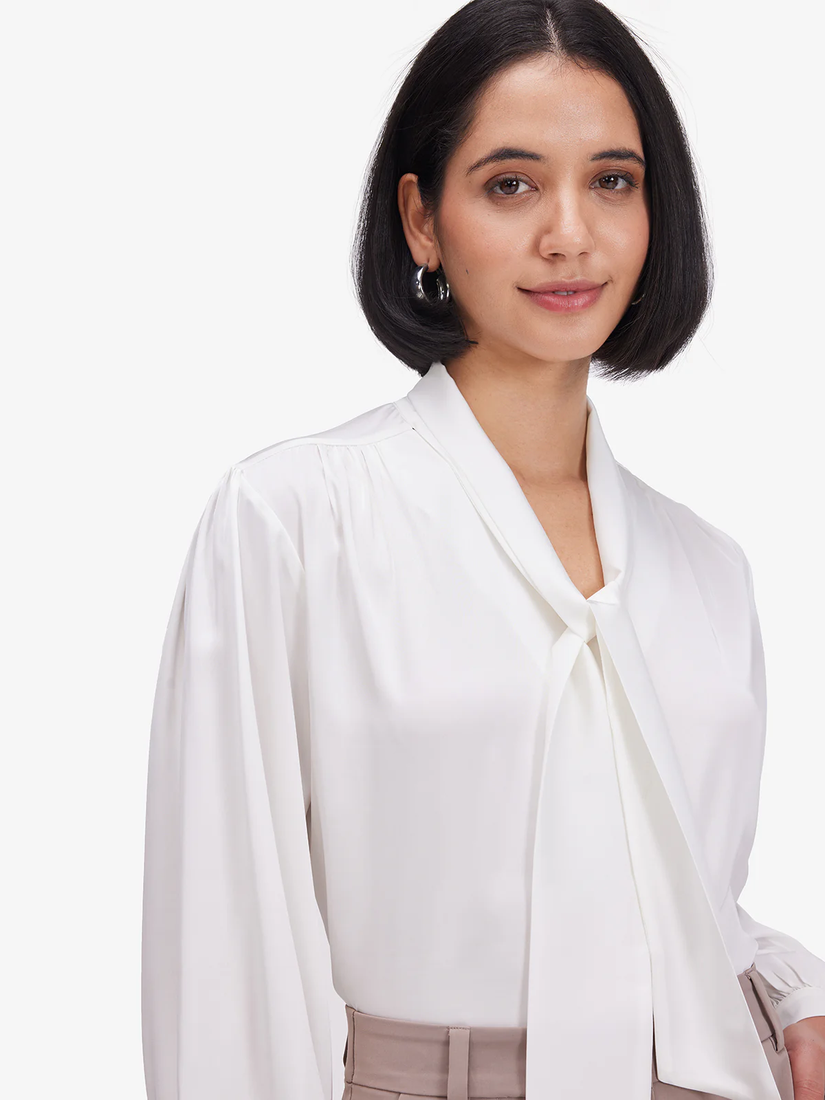 Women White Luxe Tie-Up Neck Satin Top - Image 3