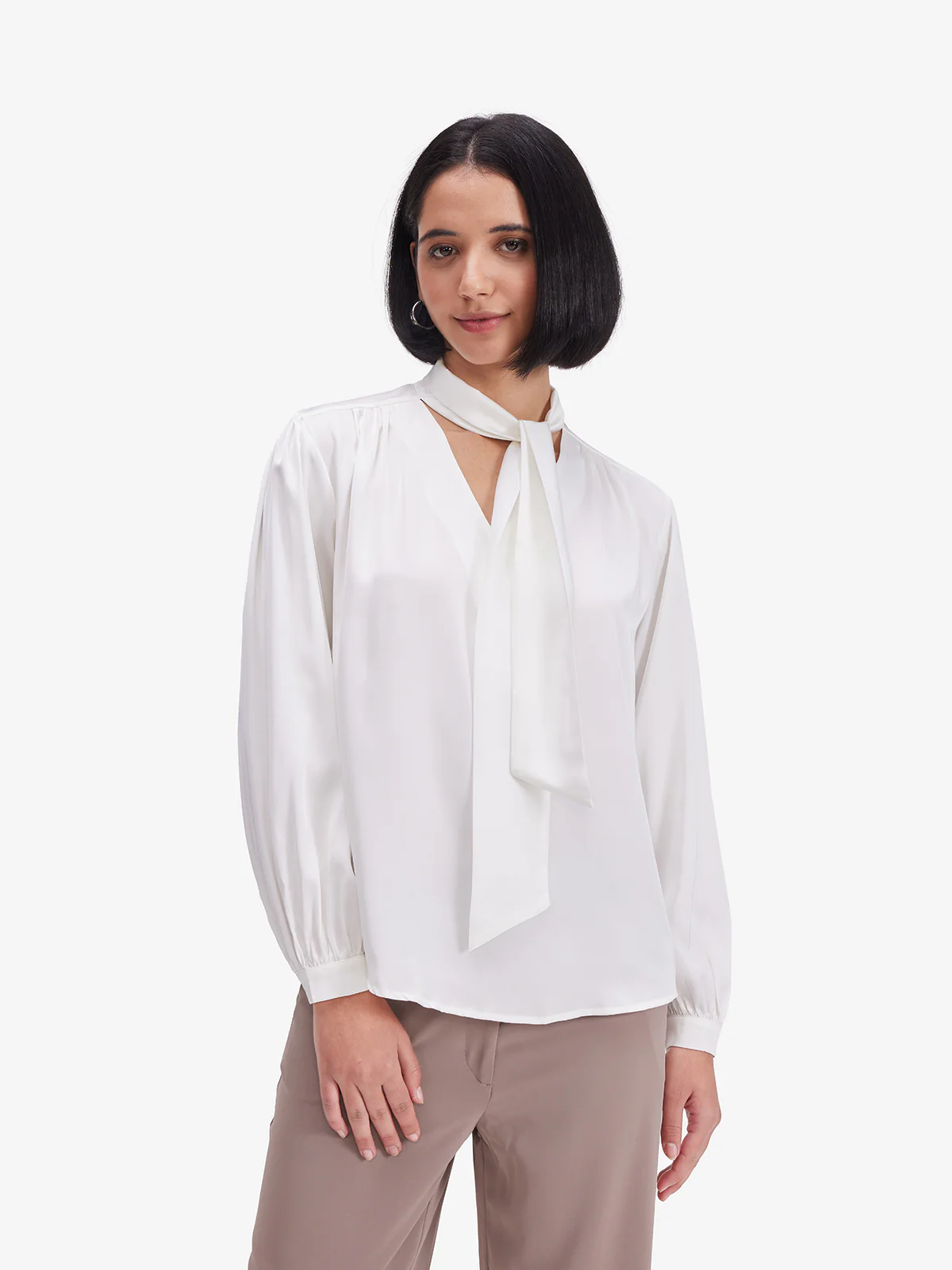 Women White Luxe Tie-Up Neck Satin Top - Image 4