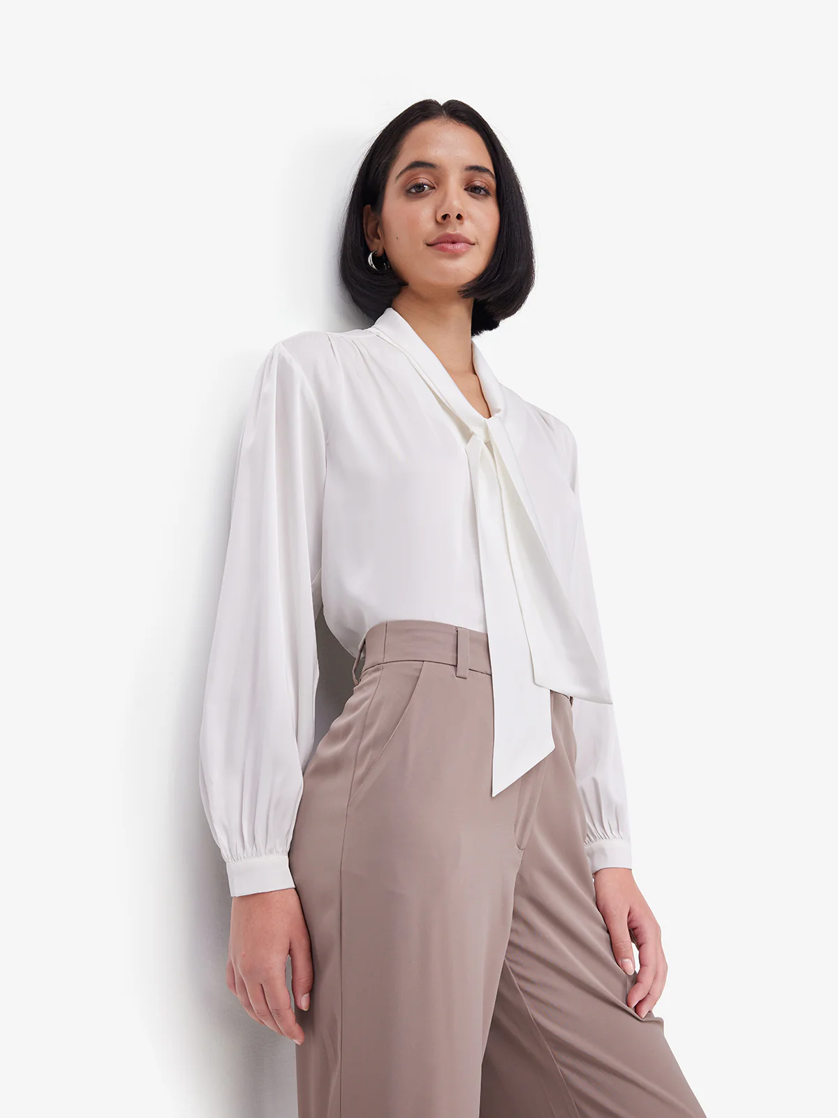 Women White Luxe Tie-Up Neck Satin Top - Image 5