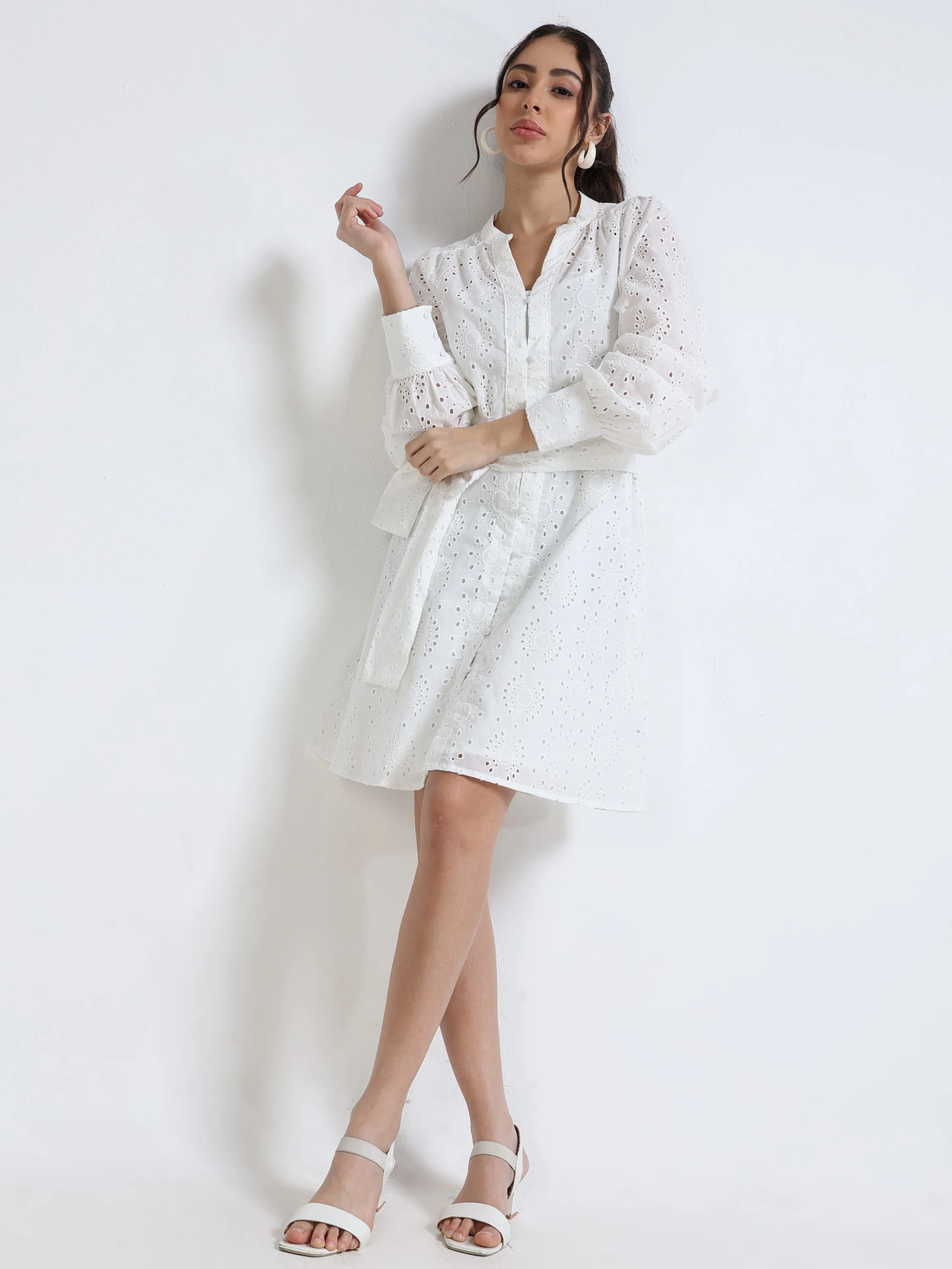 Women White Midi Shiffli Dress - Image 3