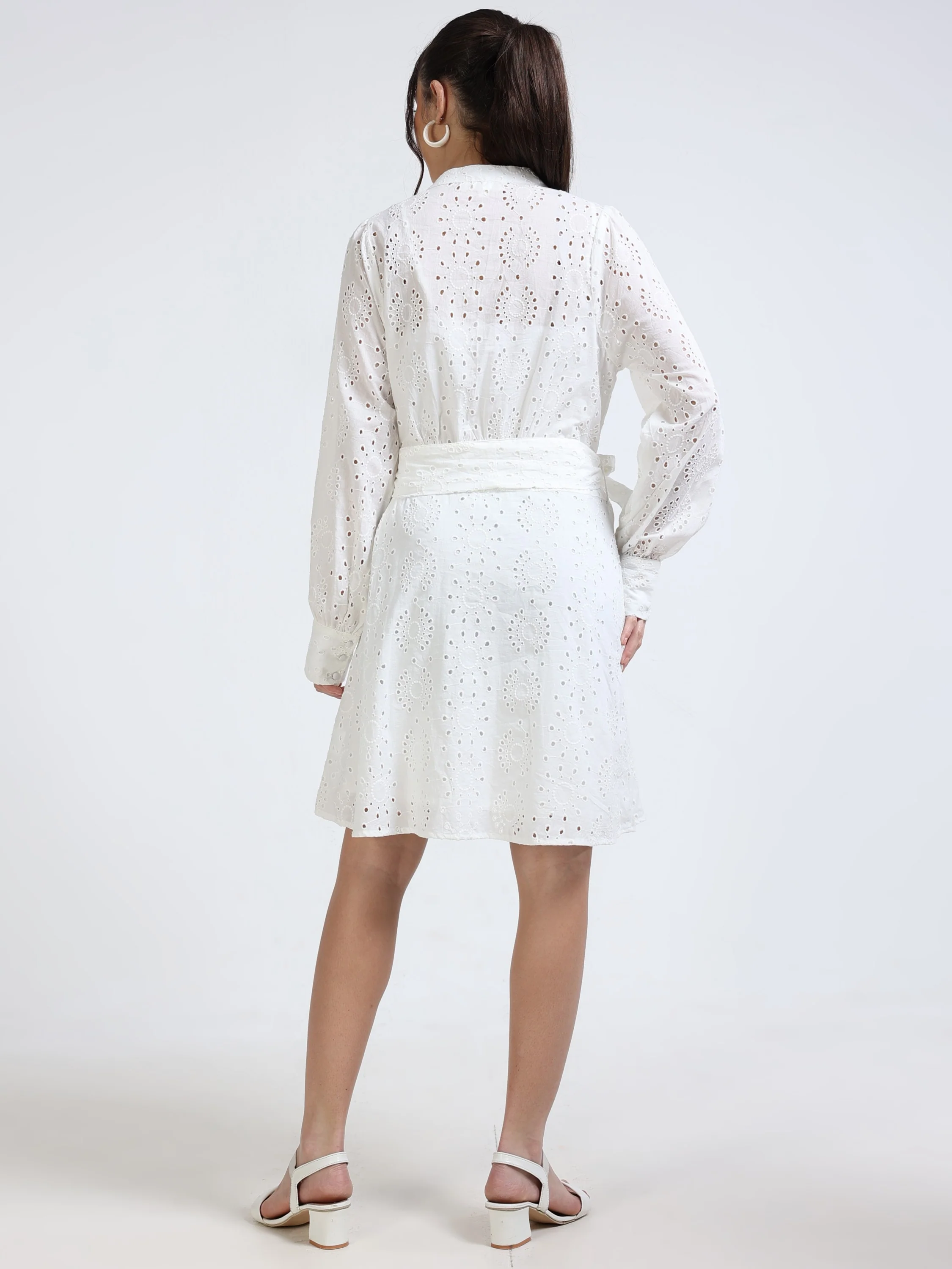 Women White Midi Shiffli Dress - Image 4