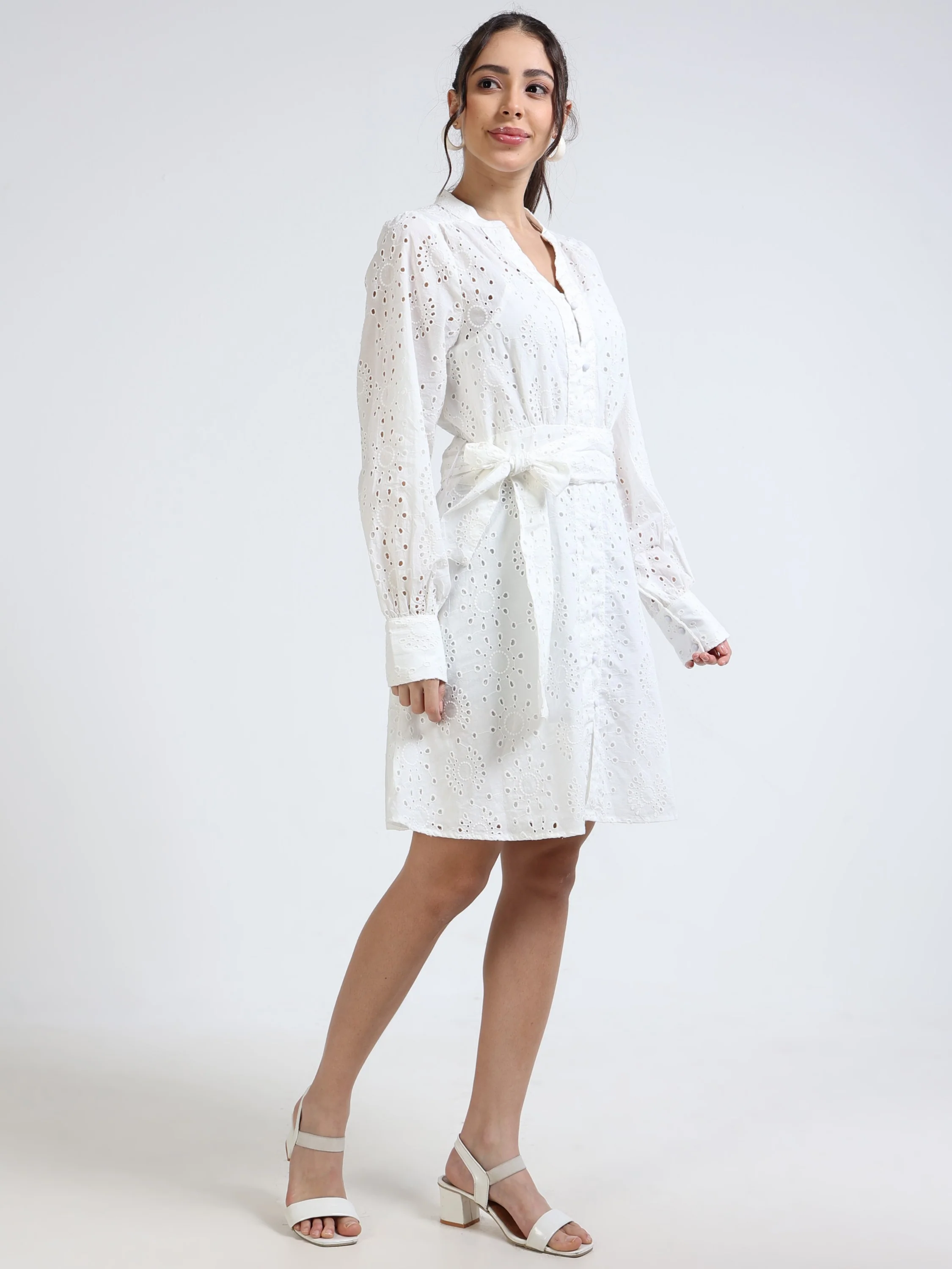 Women White Midi Shiffli Dress - Image 5