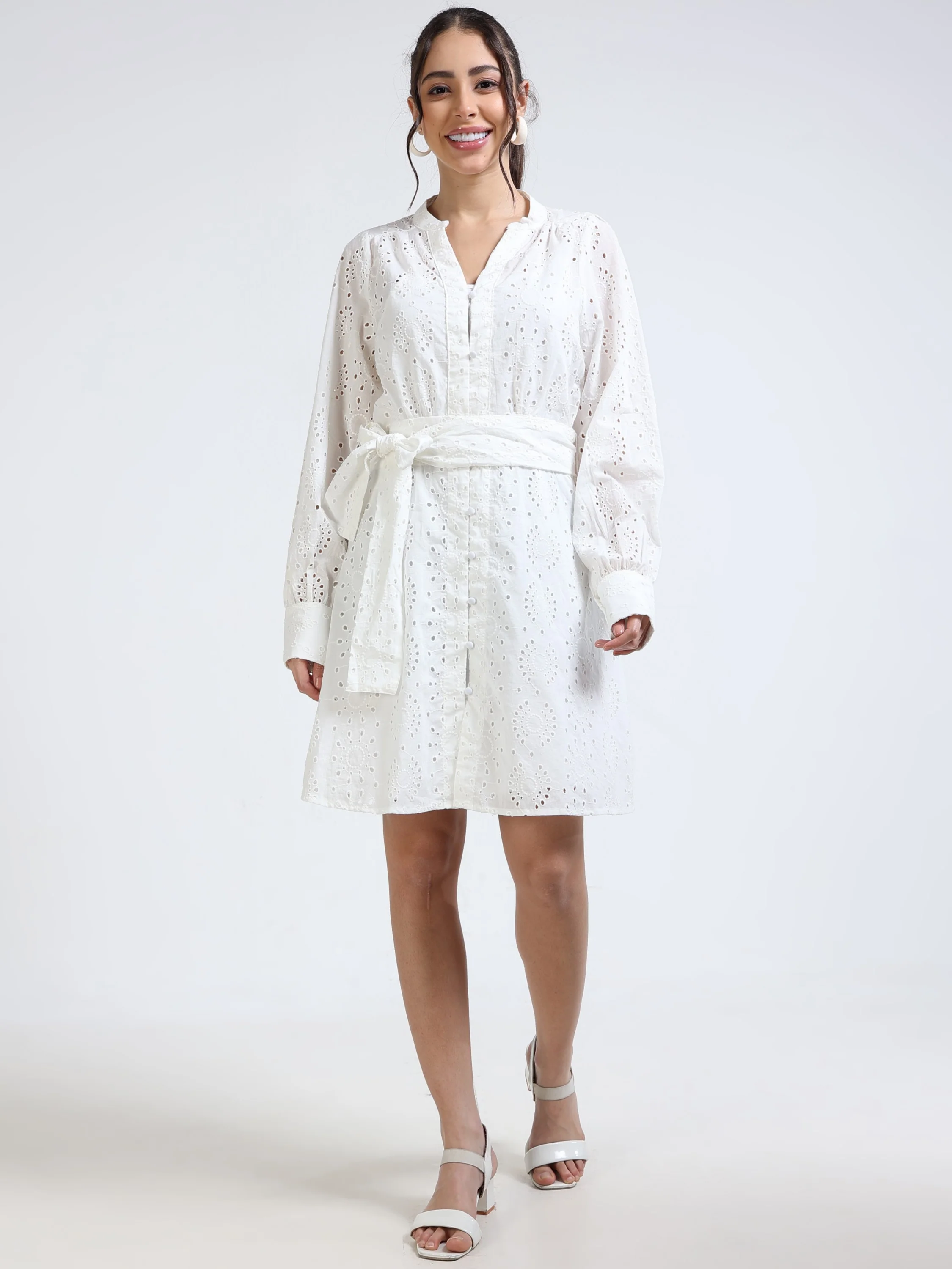Women White Midi Shiffli Dress - Image 6