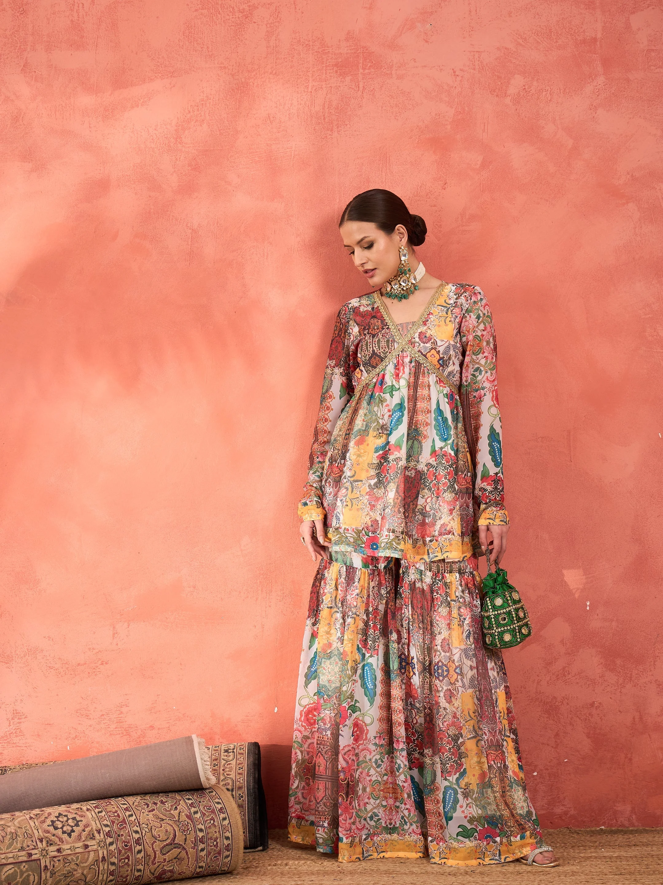 Women White Multi Floral Peplum Top With Sharara Pants - Image 2