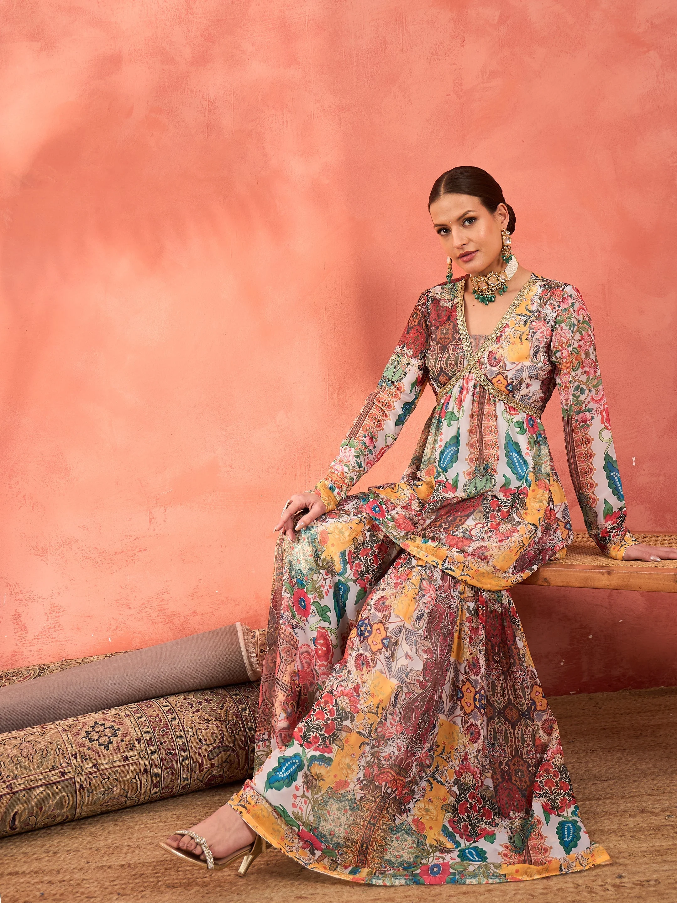 Women White Multi Floral Peplum Top With Sharara Pants - Image 3