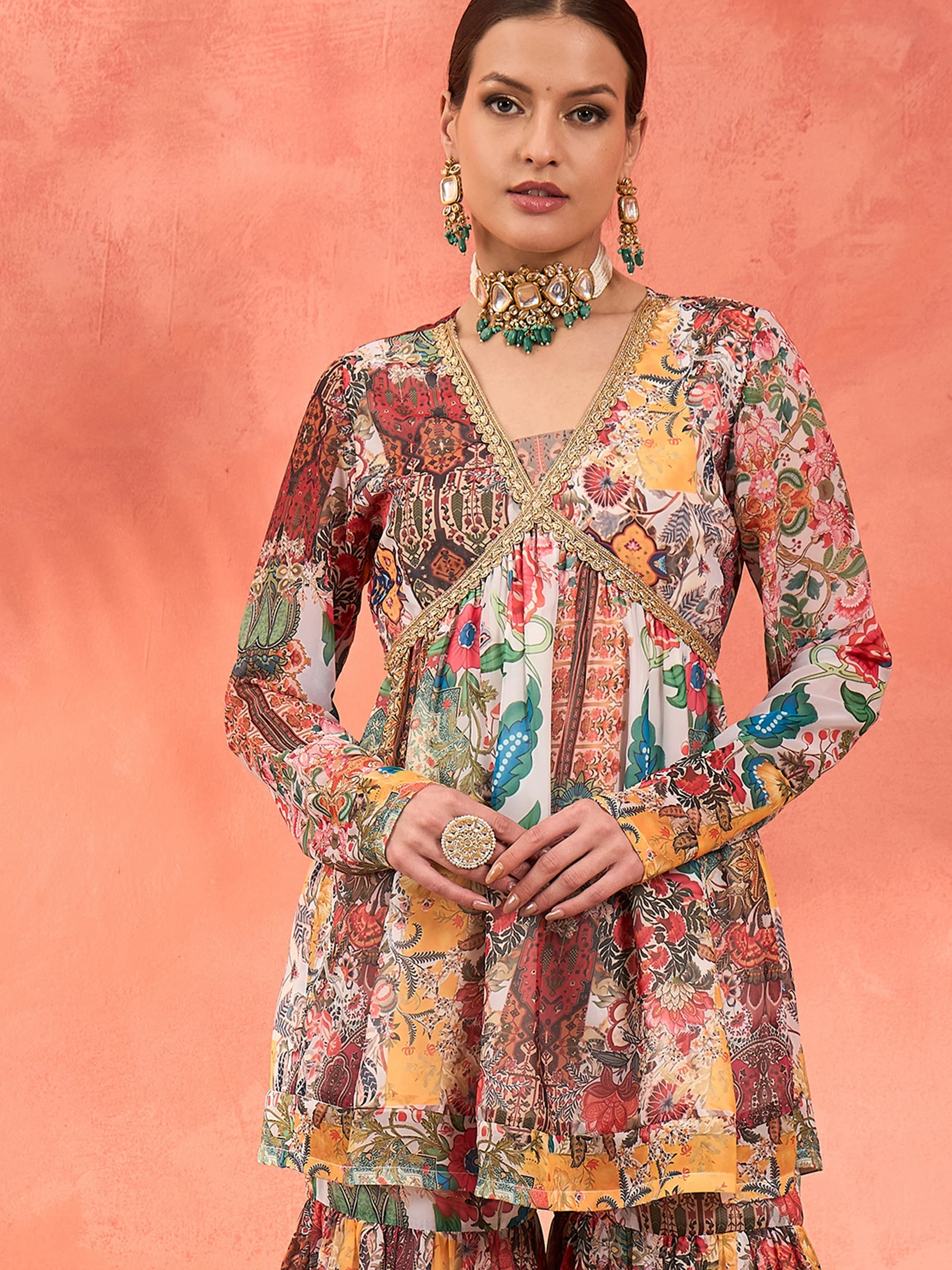 Women White Multi Floral Peplum Top With Sharara Pants - Image 5