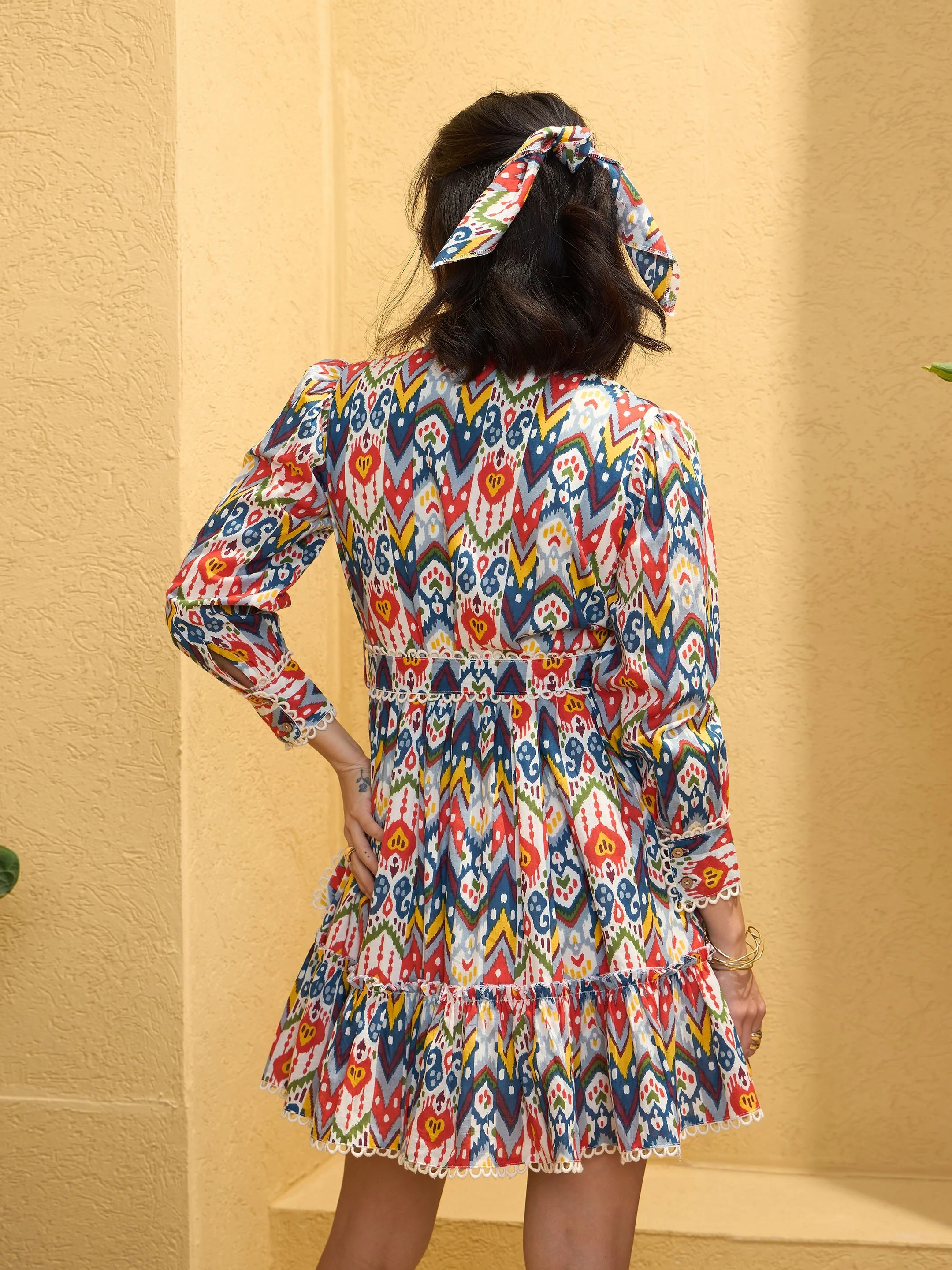 Women White Multi Ikat Short Shirt Dress - Image 2