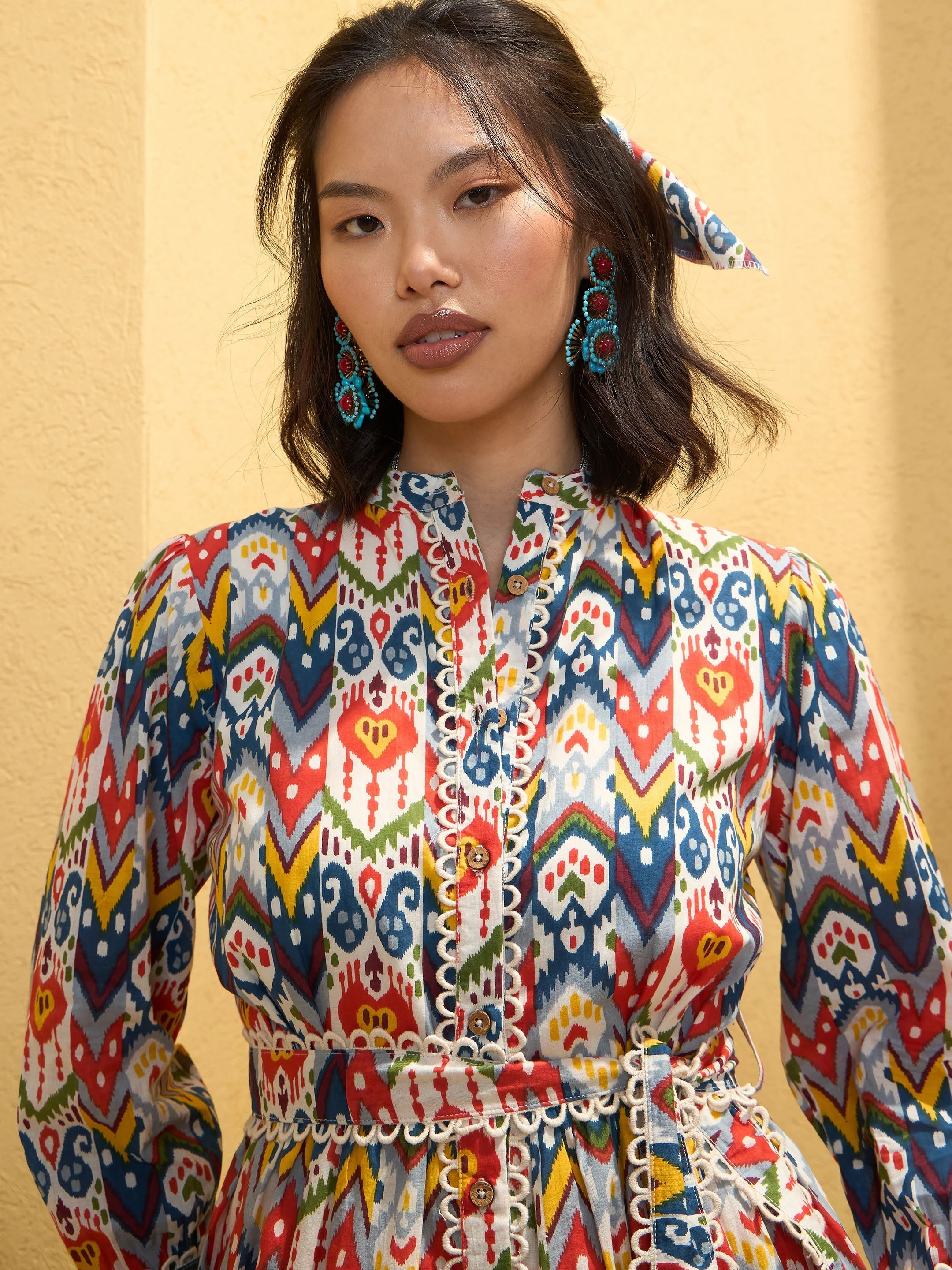 Women White Multi Ikat Short Shirt Dress - Image 3