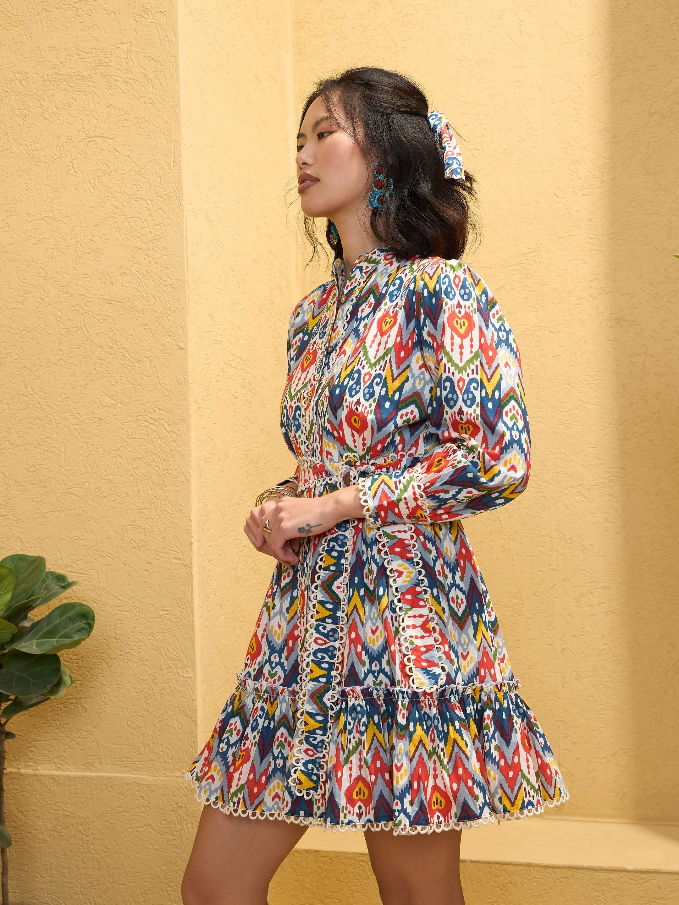 Women White Multi Ikat Short Shirt Dress - Image 5