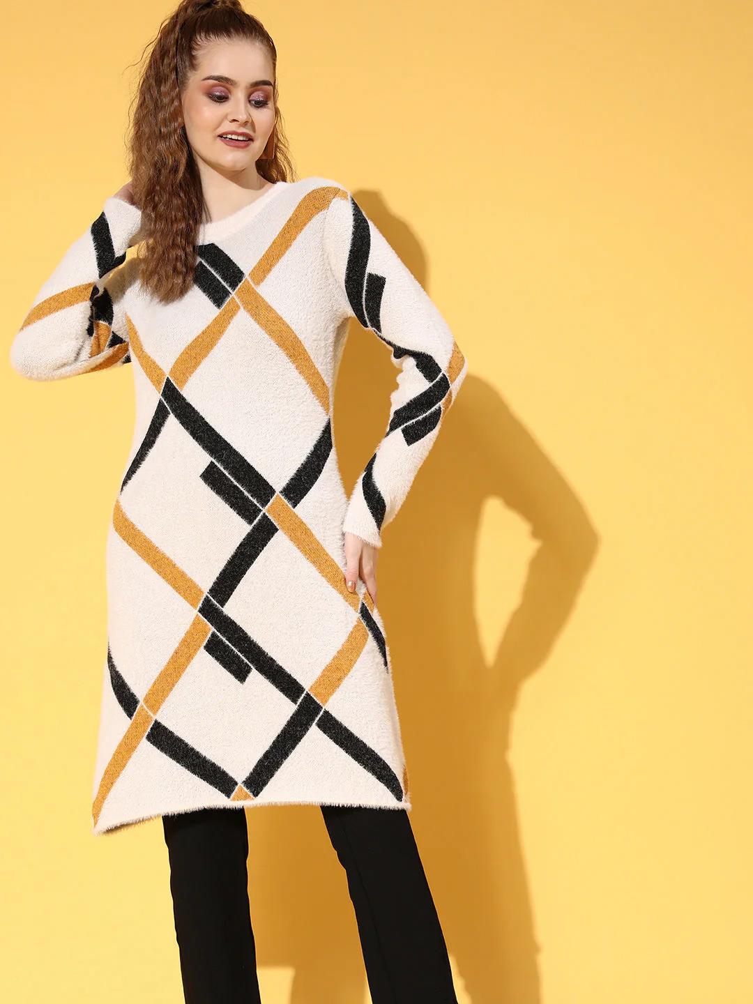 Women White & Mustard Check Hair Wool Long Sweater - Image 2