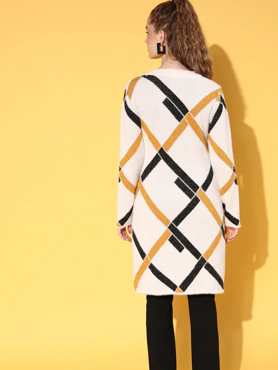 Women White & Mustard Check Hair Wool Long Sweater - Image 5