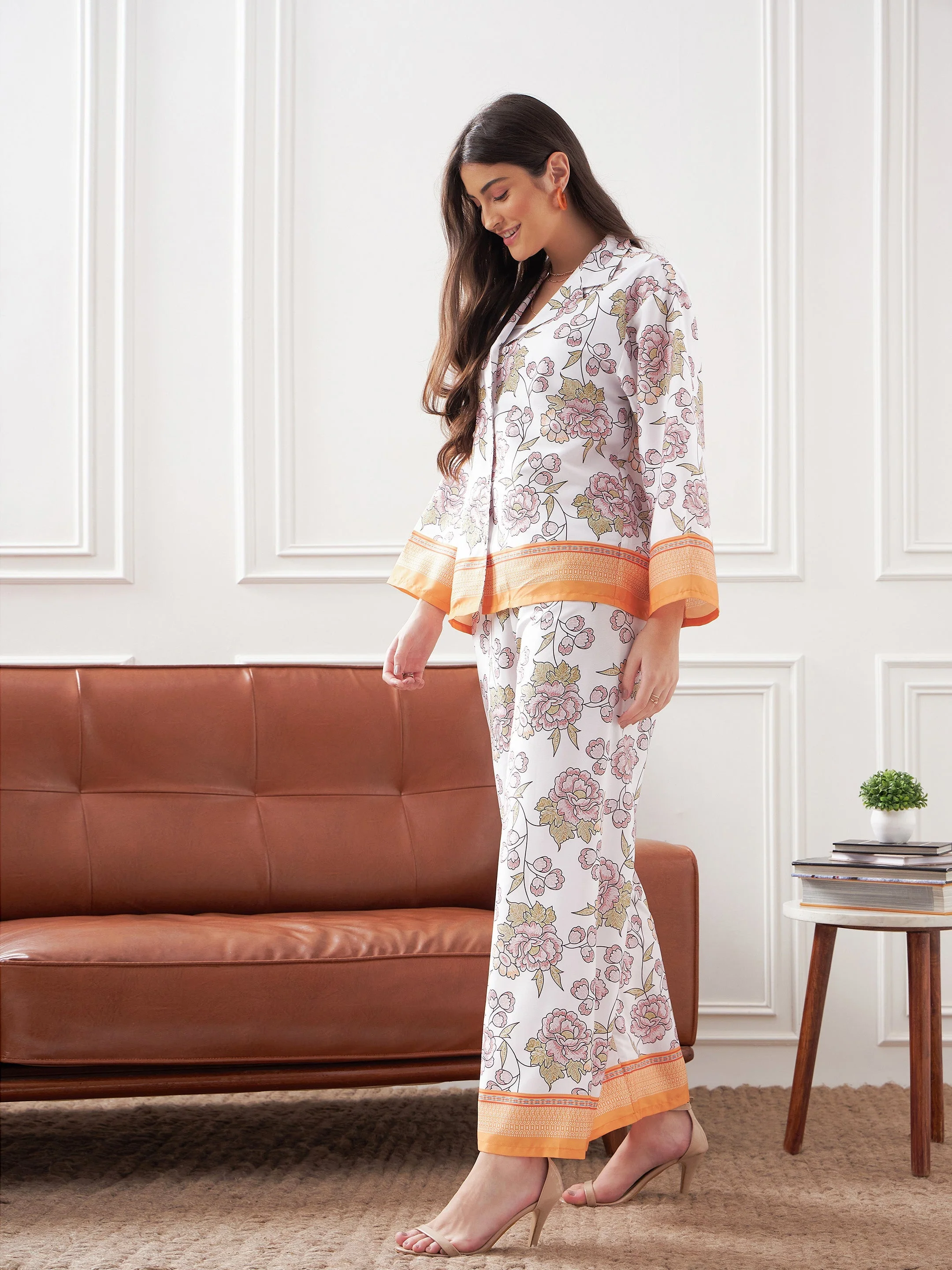 Women White & Mustard Floral Notch Collar Shirt With Lounge Pants - Image 3