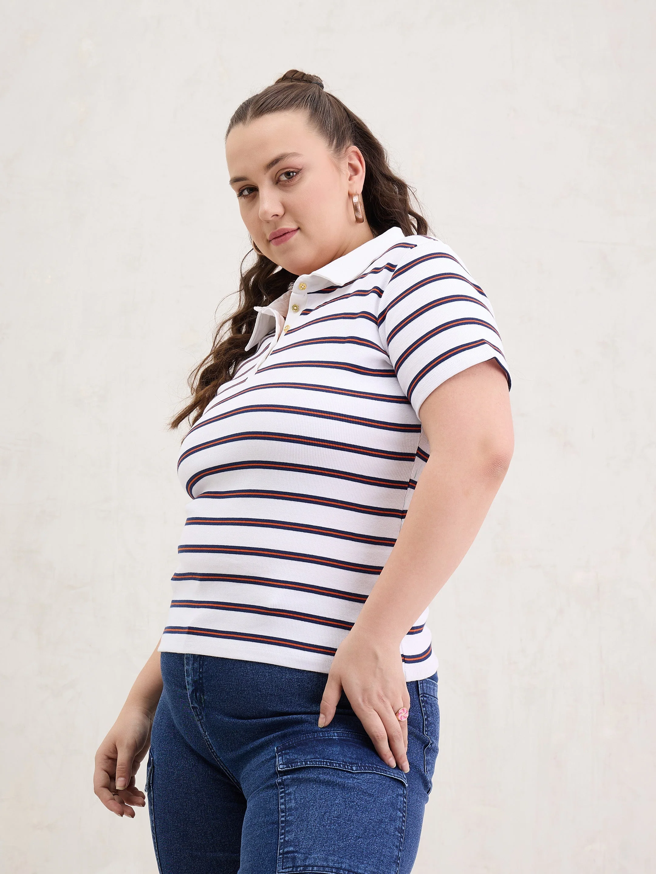 Women White & Navy Rib Stripe Polo Neck Top - Image 3