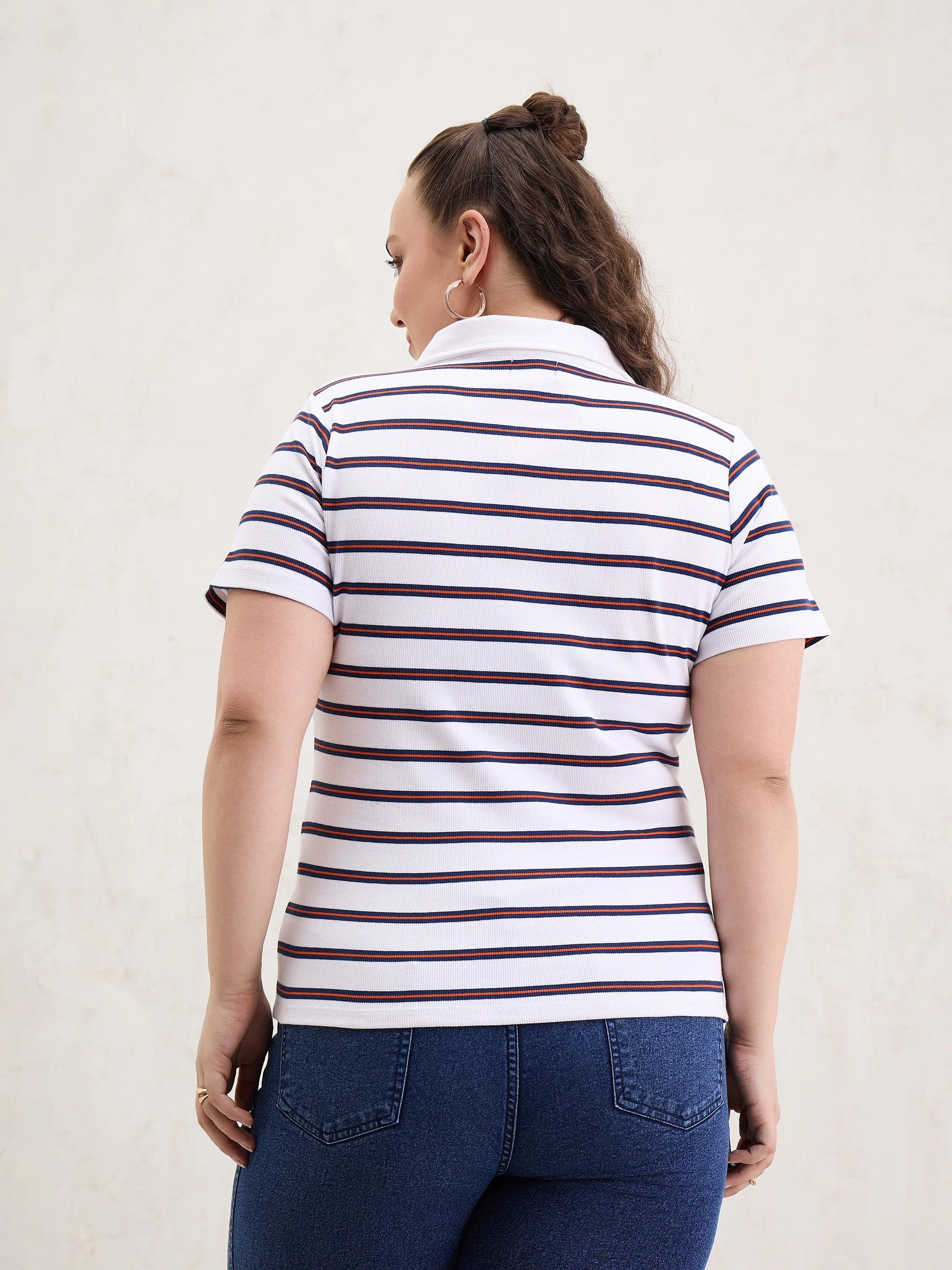 Women White & Navy Rib Stripe Polo Neck Top - Image 5