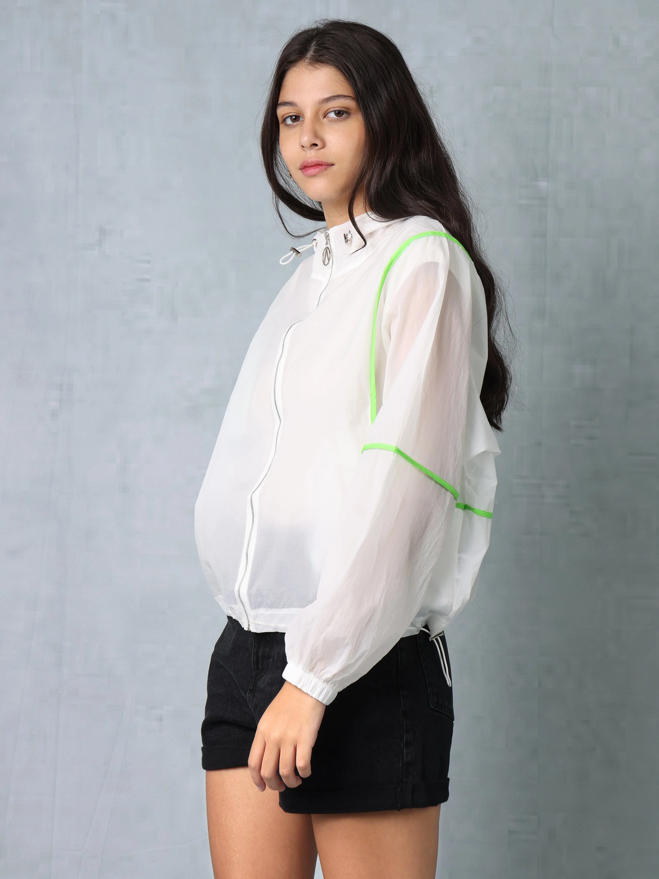 Women White/Neon Green Parachute Hooded Jacket - Image 3