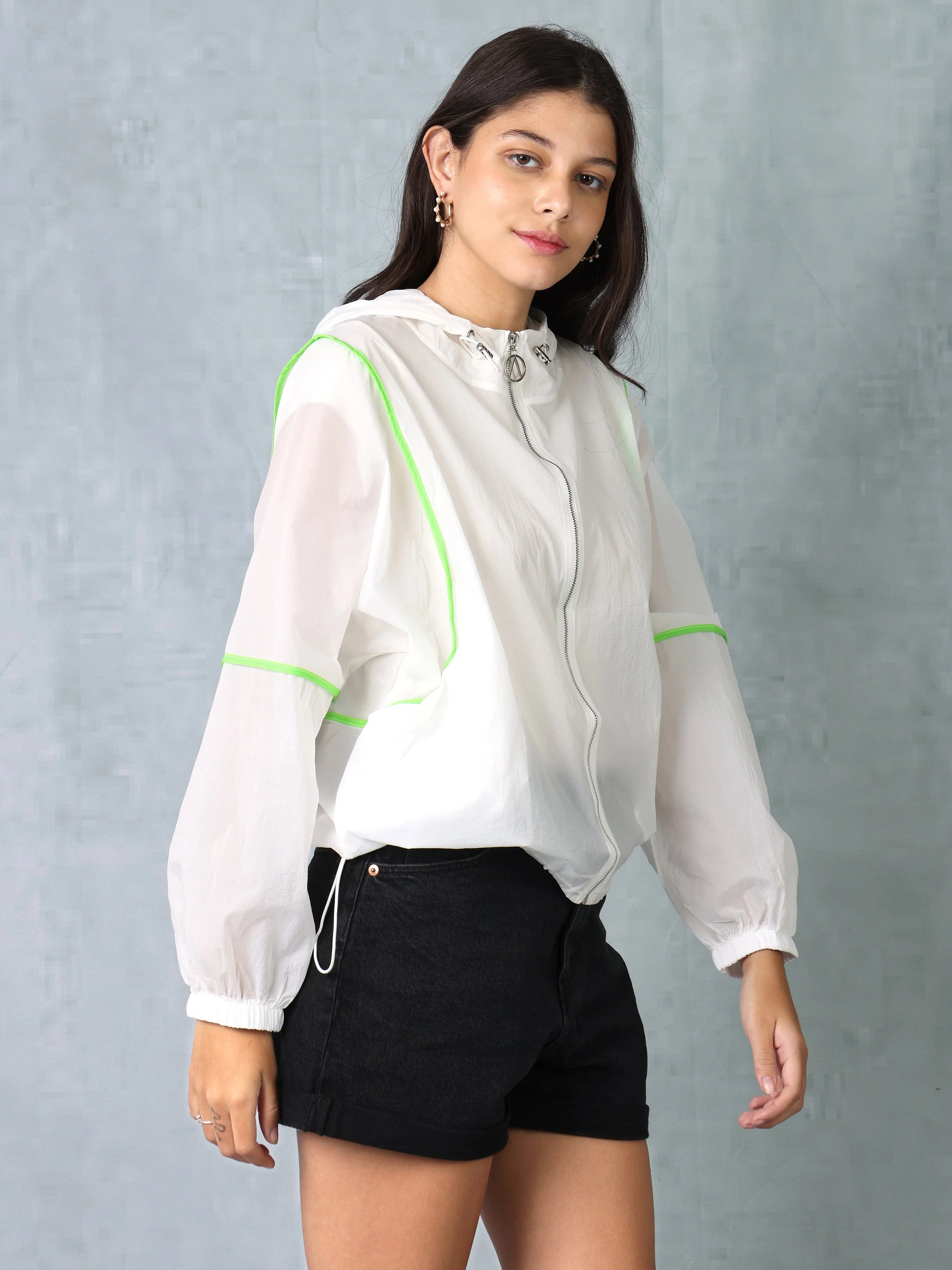Women White/Neon Green Parachute Hooded Jacket - Image 5