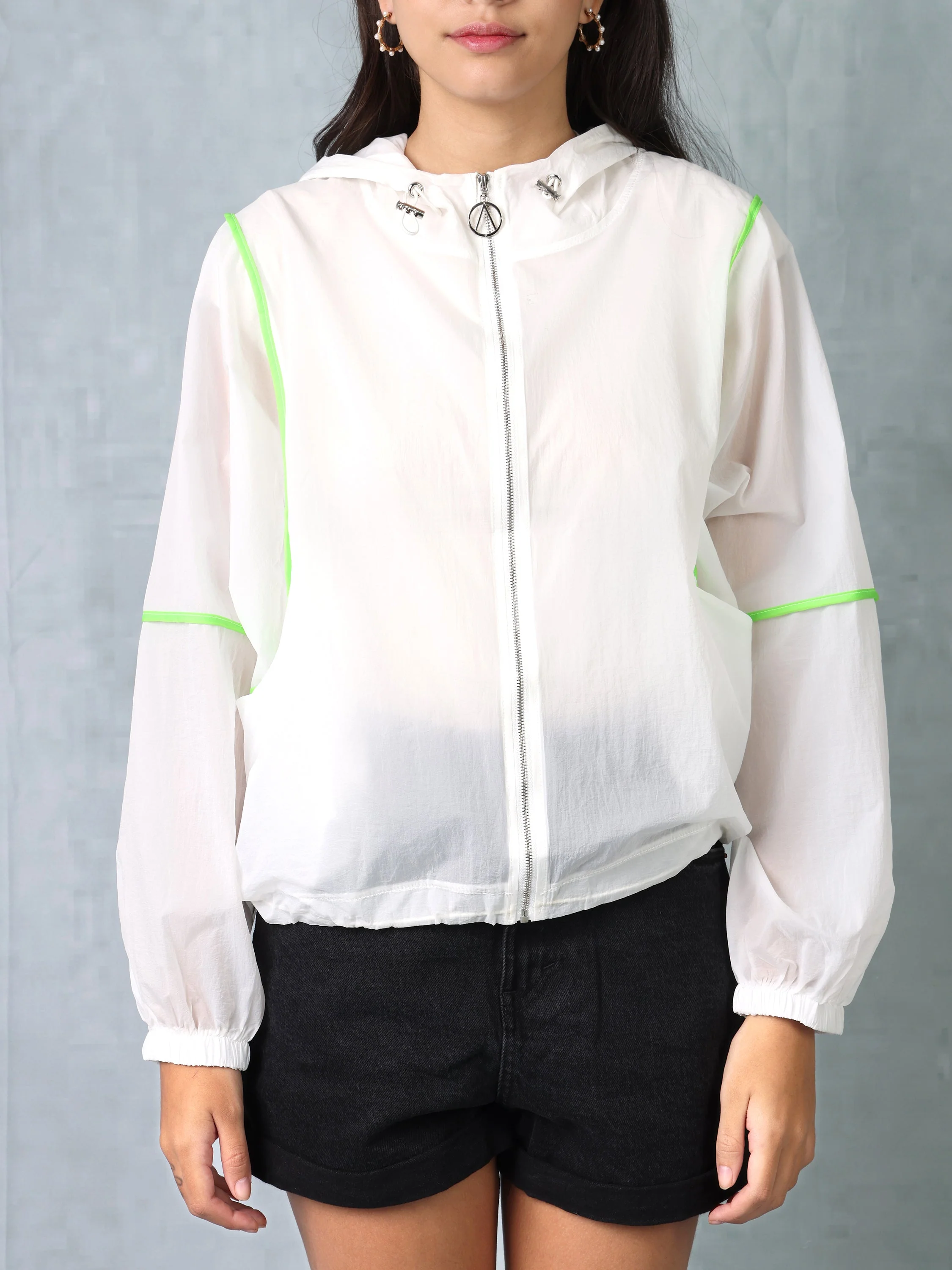 Women White/Neon Green Parachute Hooded Jacket - Image 6