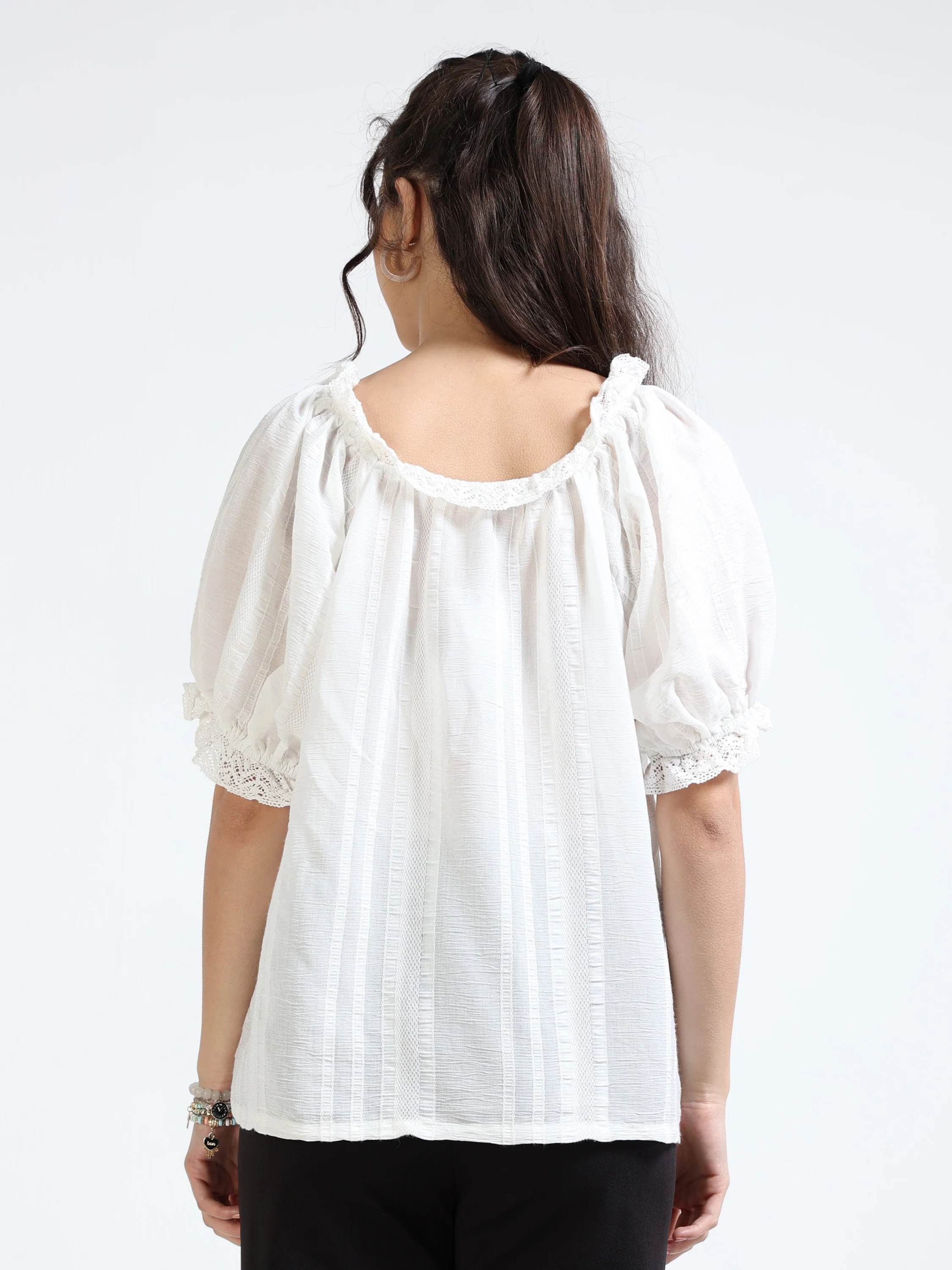 Women White Balloon Sleeve Top - Image 3