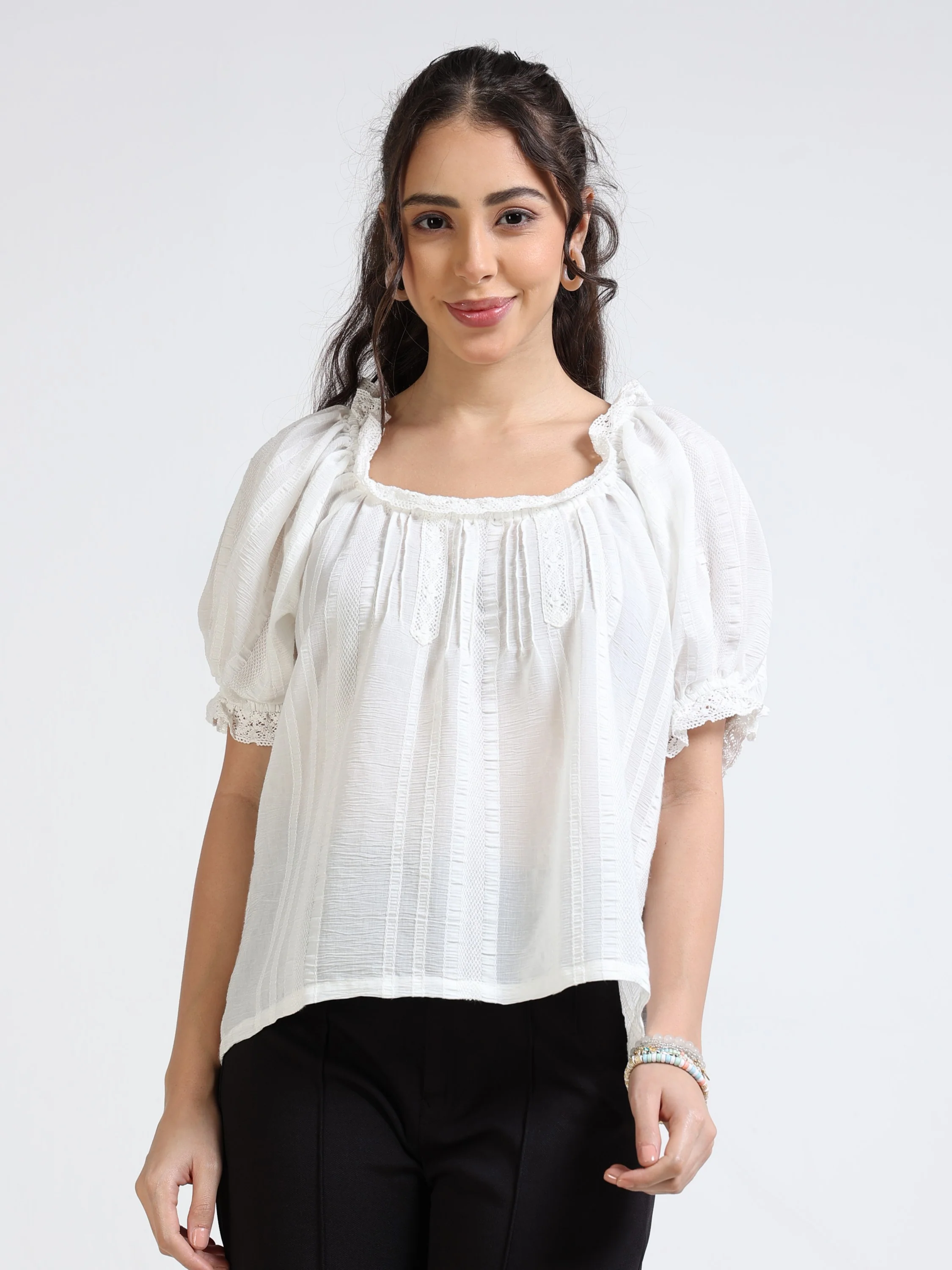 Women White Balloon Sleeve Top - Image 5