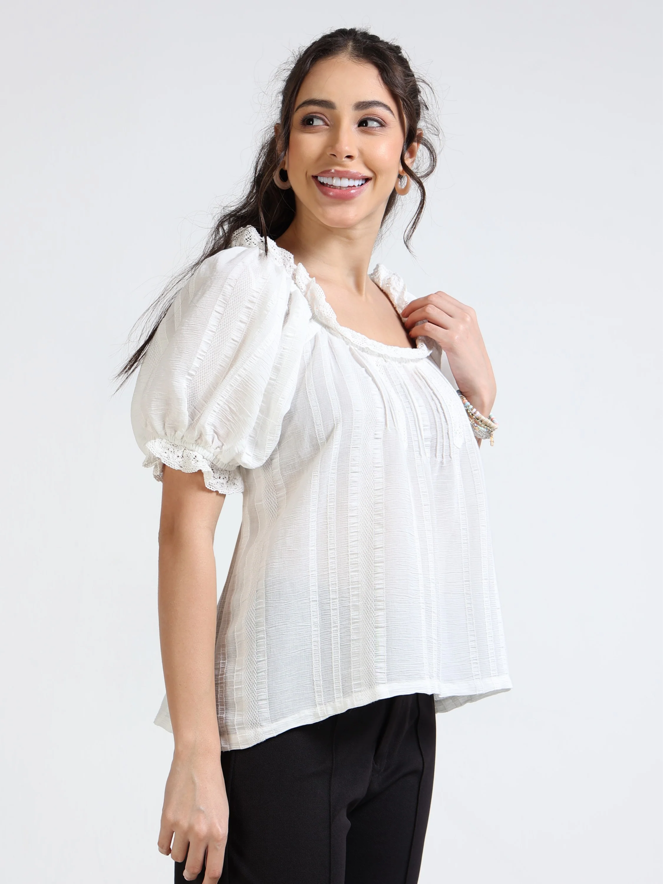 Women White Balloon Sleeve Top - Image 6