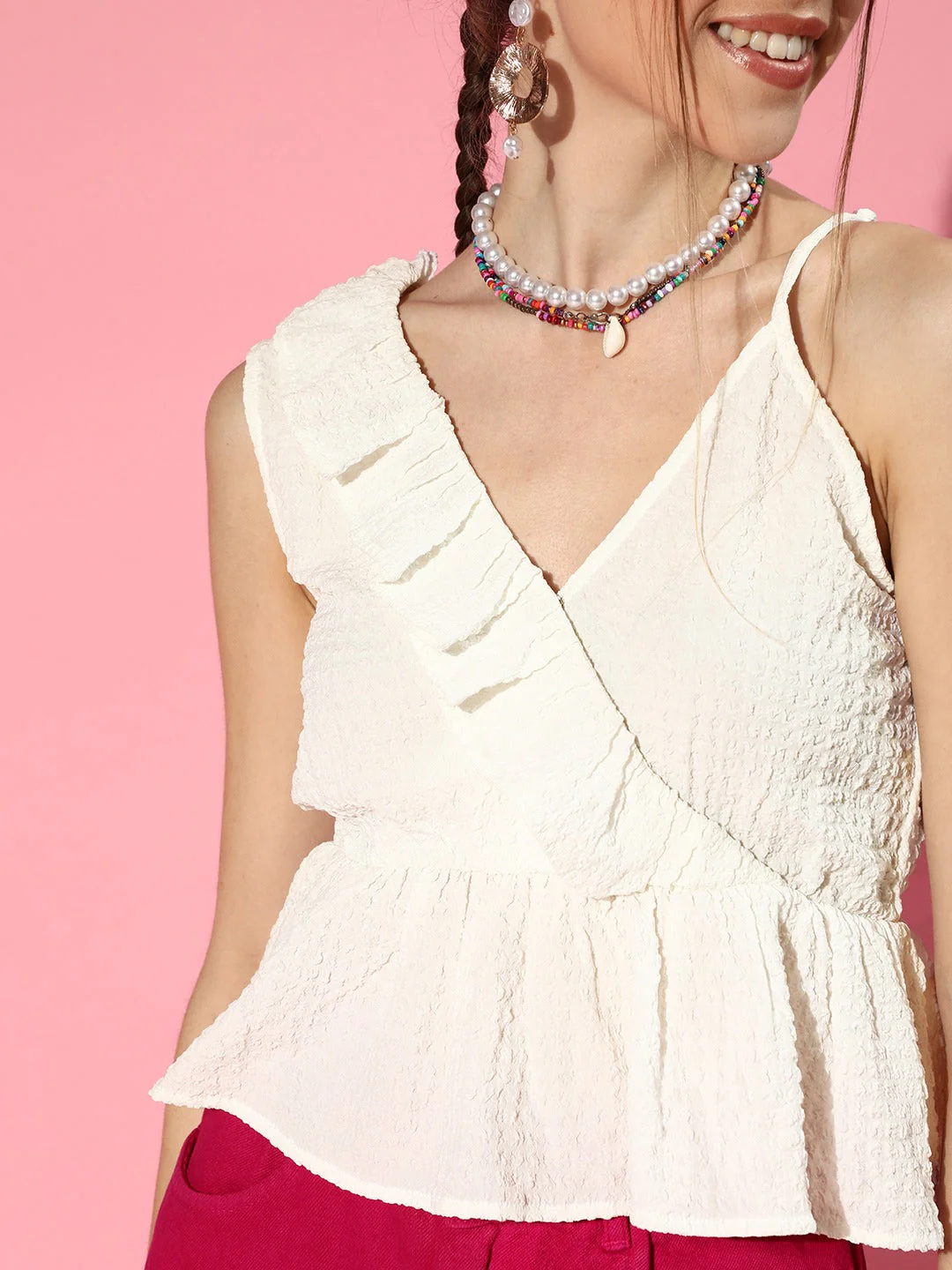 Women White One Side Frill Strappy Top - Image 3