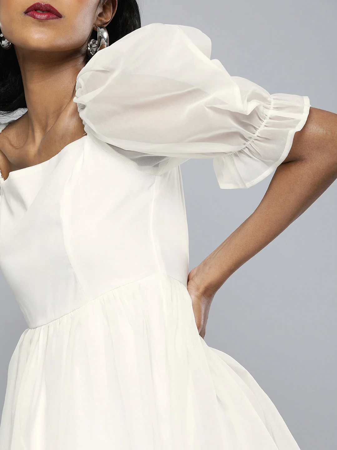 Women White Organza Puff Sleeve Dress - Image 5