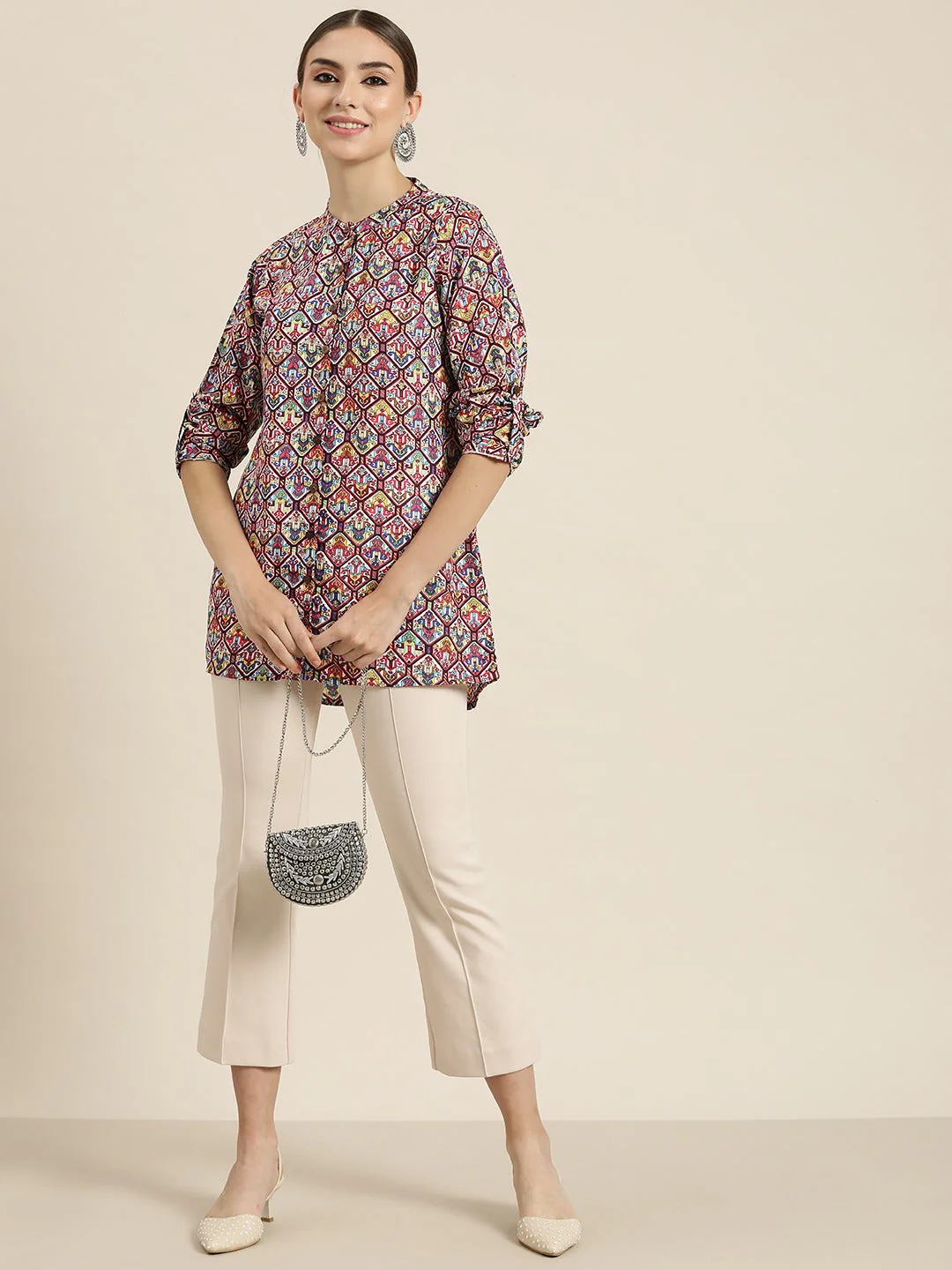 Women White Patola High Low Shirt - Image 2