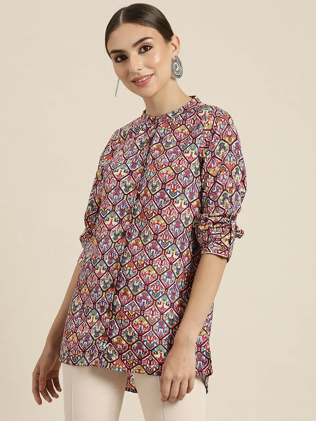 Women White Patola High Low Shirt - Image 3