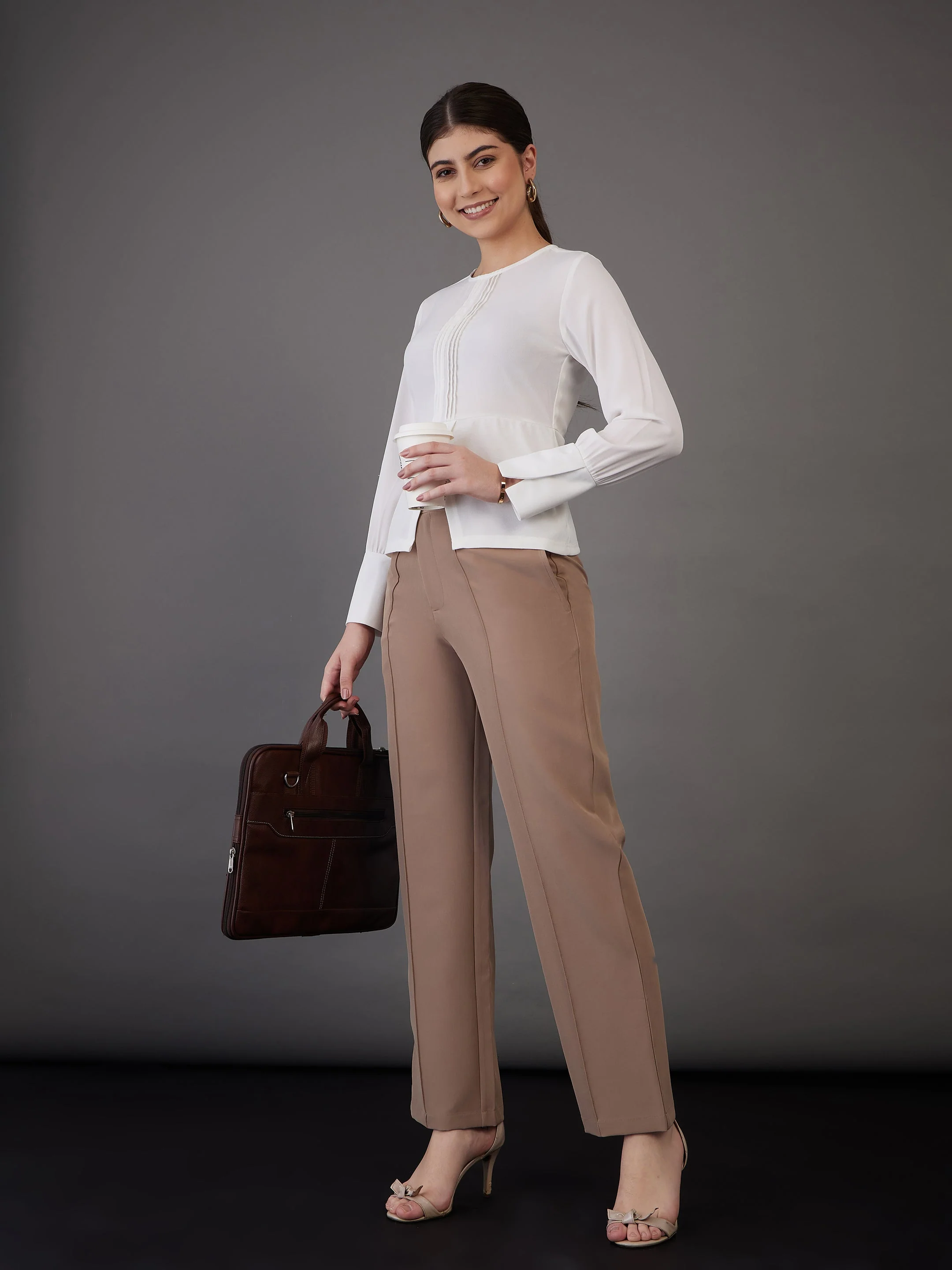 Women White Pin Tuck Peplum Top - Image 2